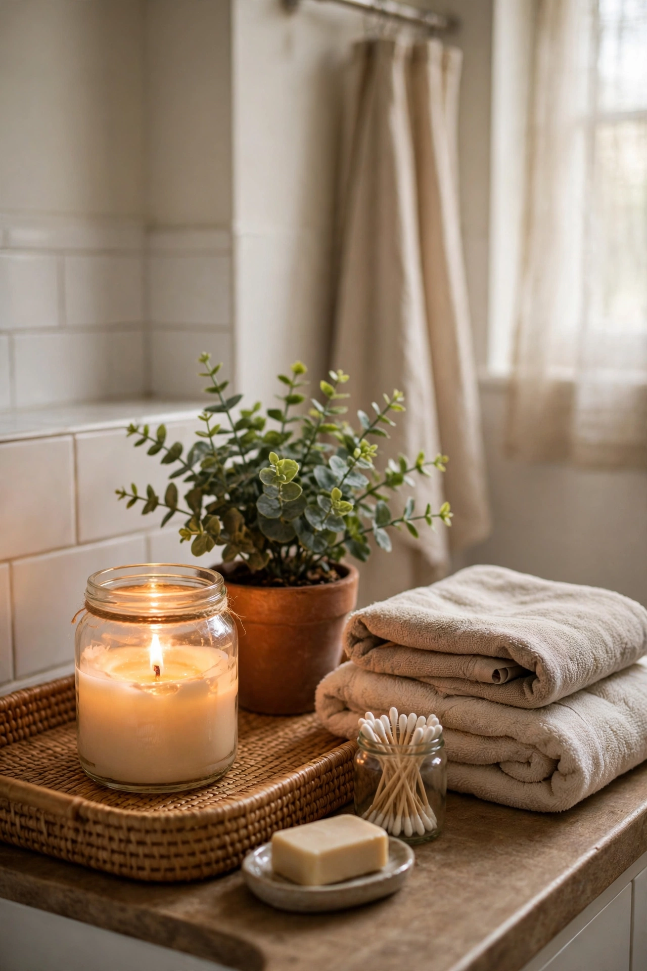 Jar candle glowing on a bathroom counter tray in the evening