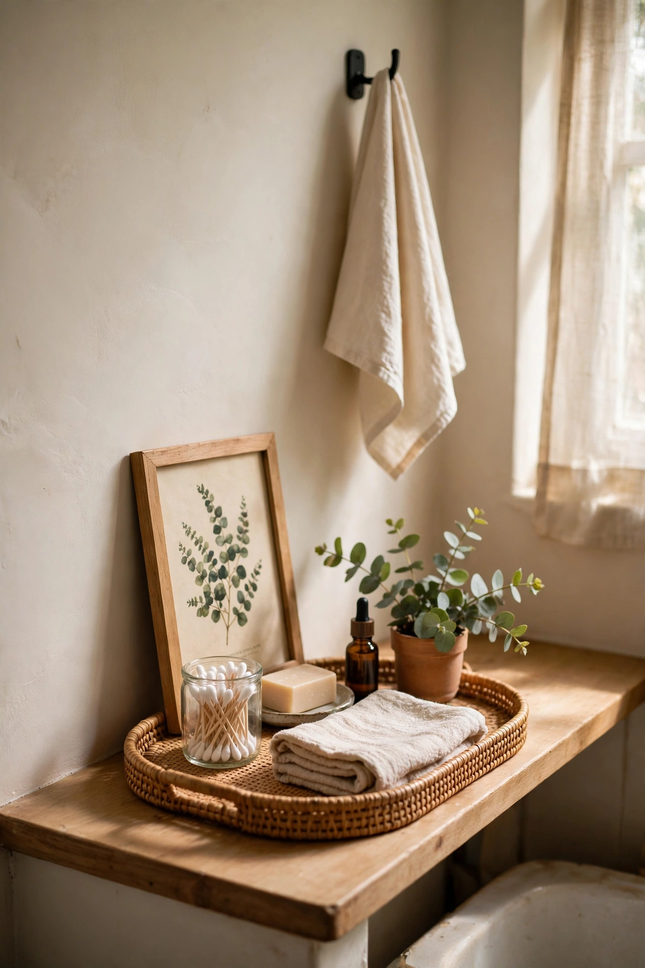 Small framed botanical print leaned against a bathroom wall behind a counter