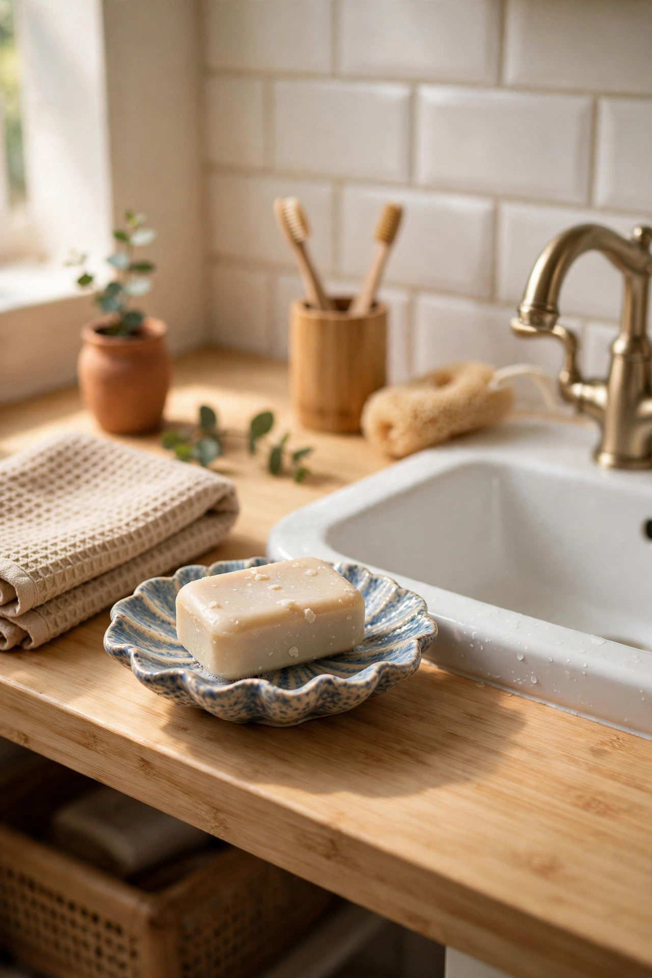 Decorative ceramic soap dish with bar soap on a bathroom counter