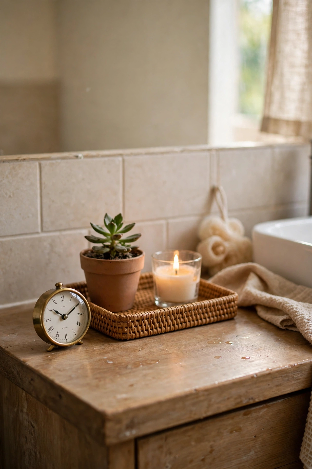 Tiny analog clock on a bathroom counter beside a tray