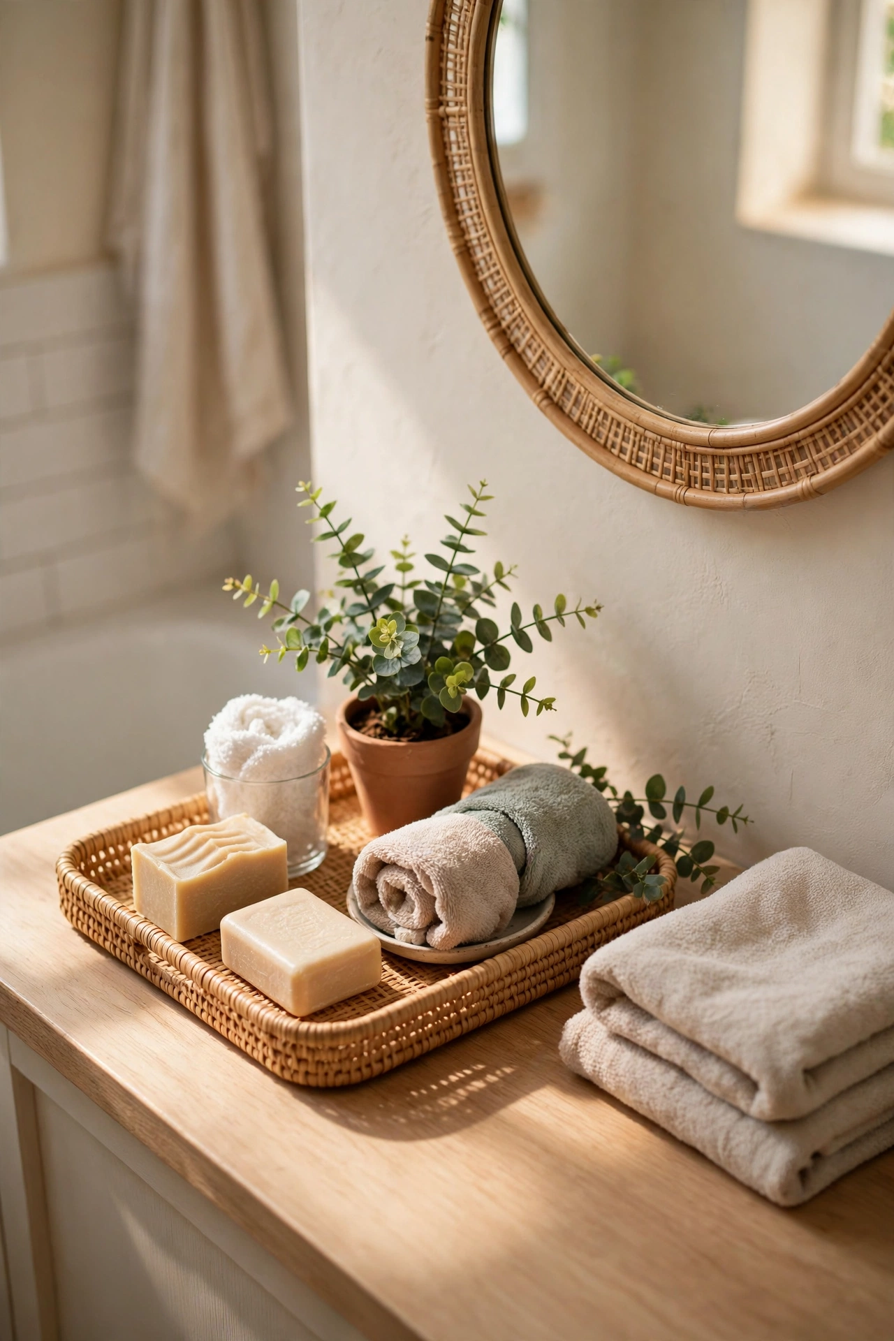 Tidy bathroom counter after a nightly reset with tray, towels and plant