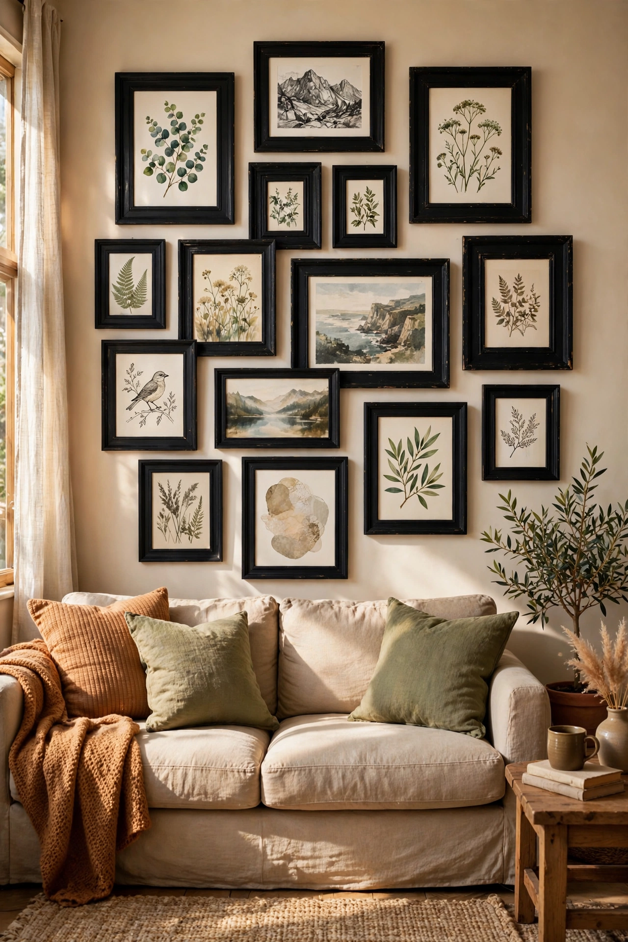 Gallery wall of thrifted frames spray painted black with printable art in a living room