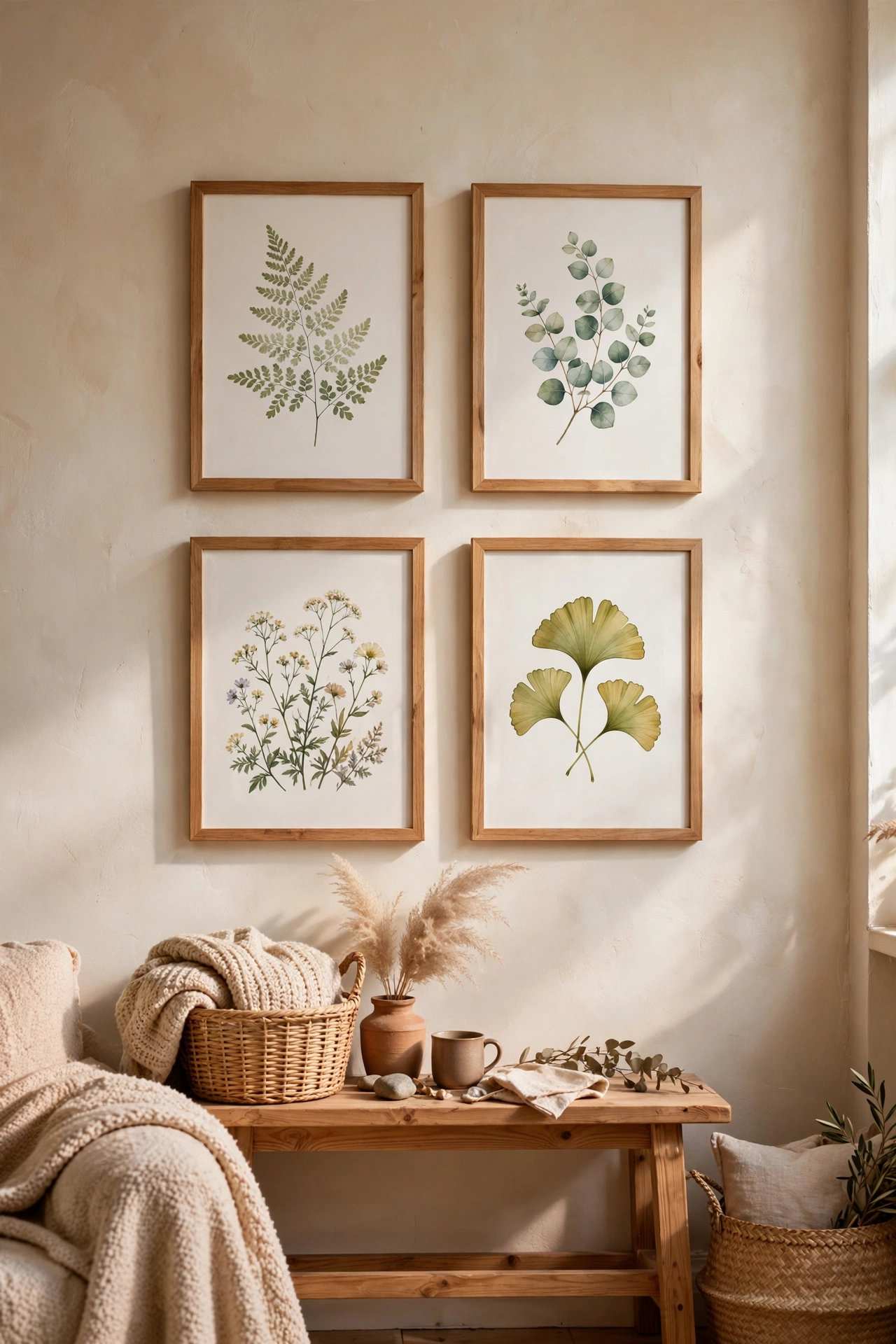 Free printable botanical art prints framed on a budget living room wall