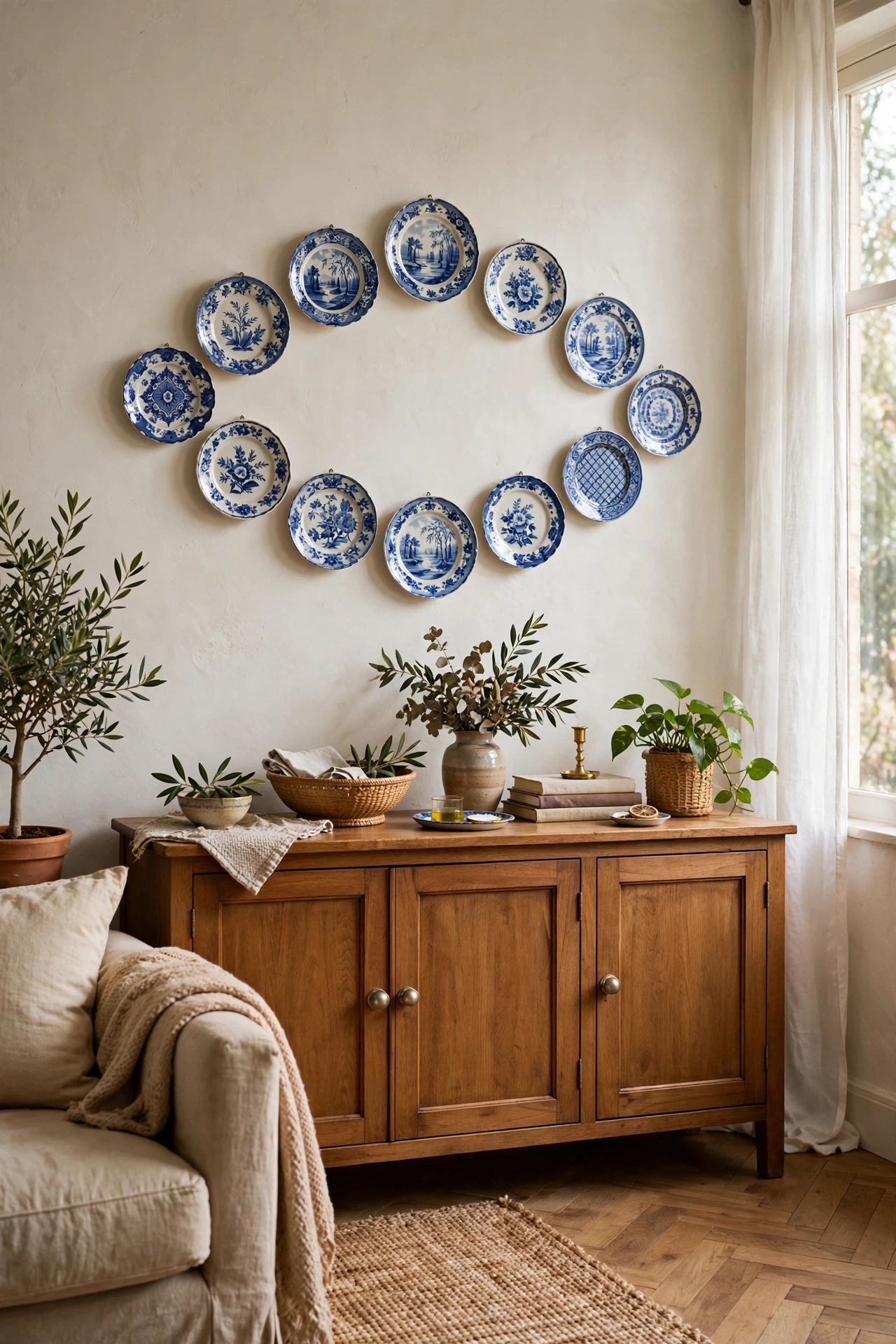 Cluster of blue and white thrifted plates hung as wall decor above a sideboard