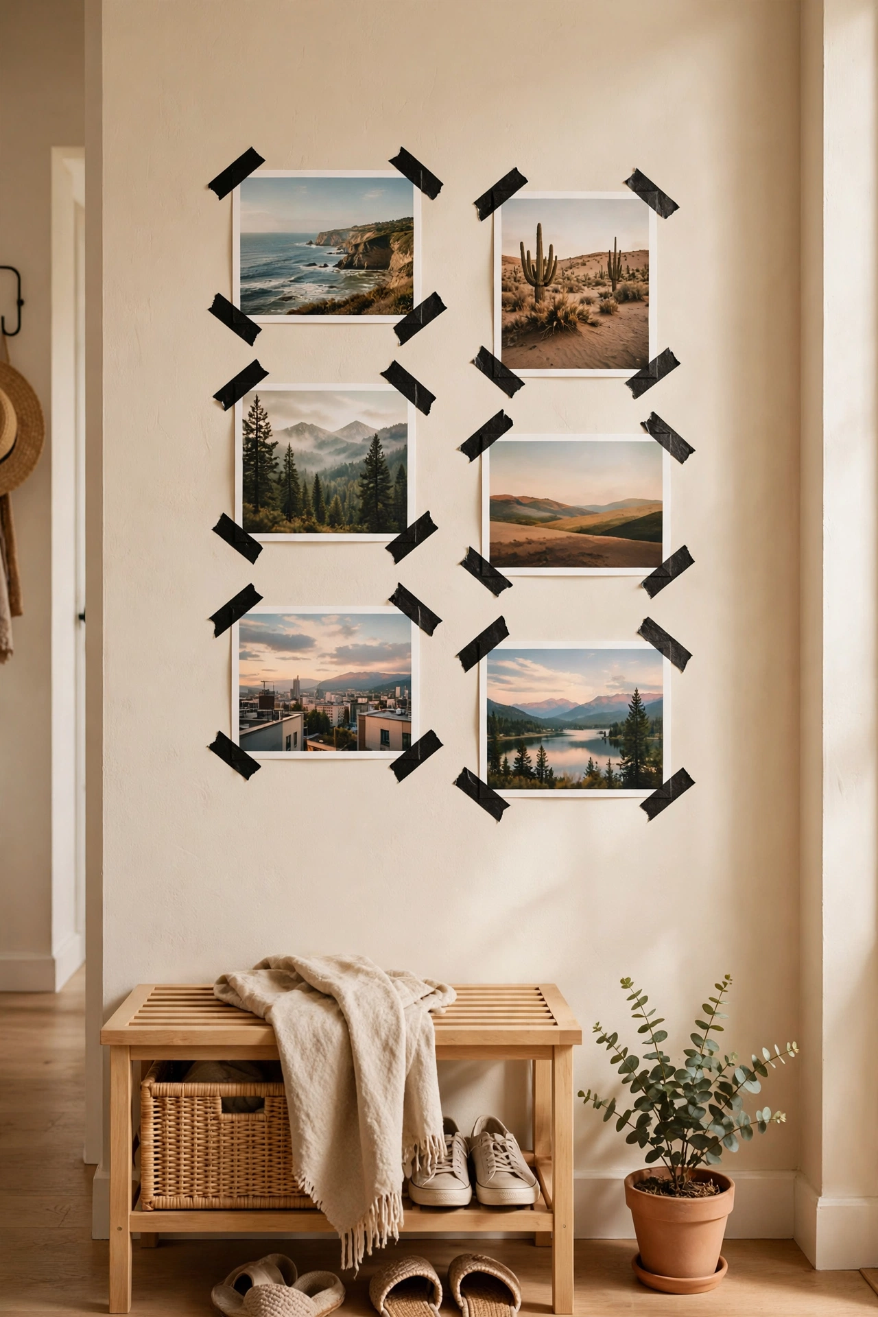 Washi tape frames around postcards creating a renter-friendly gallery wall