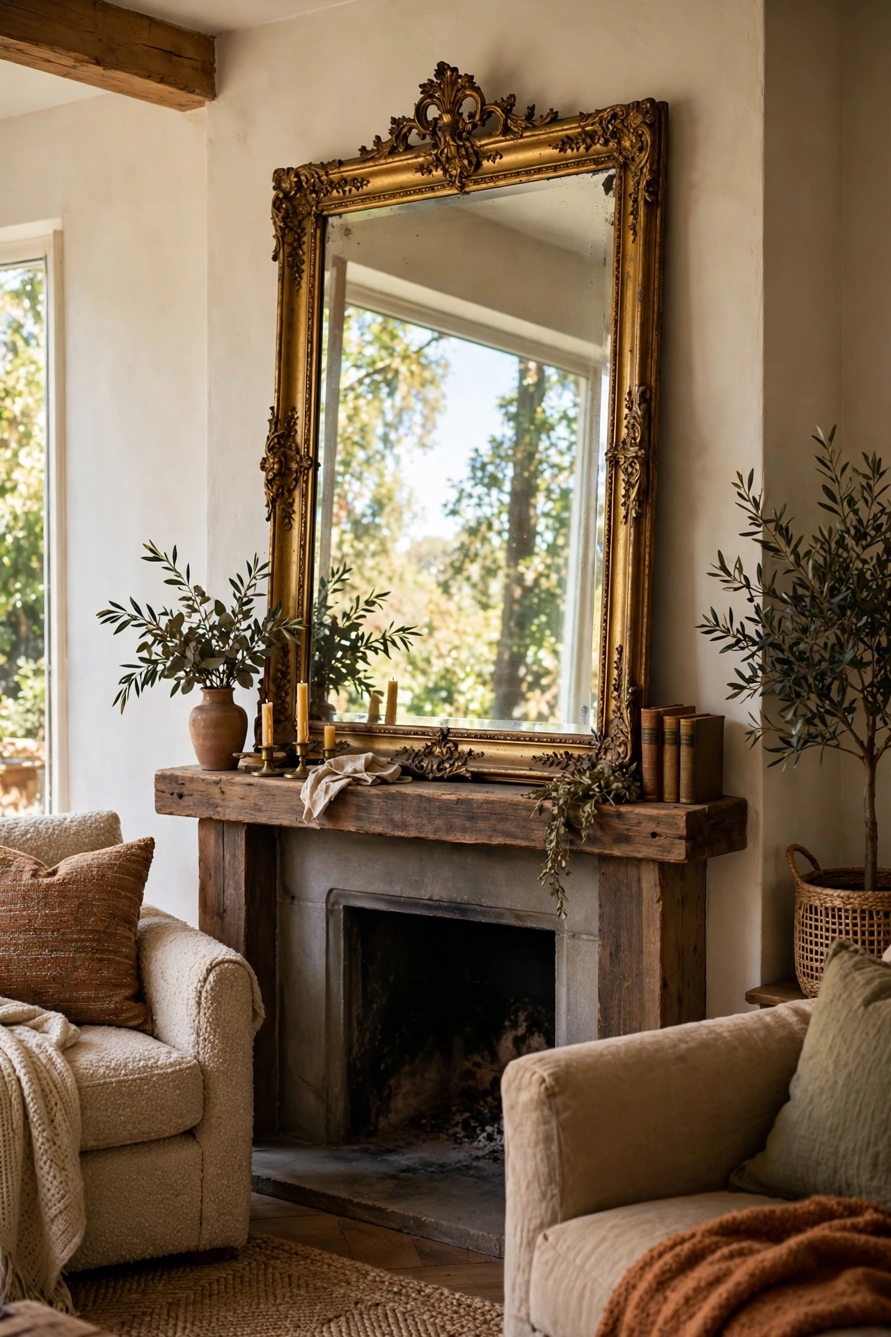 Large thrifted gilt mirror leaning on a living room mantel reflecting window light