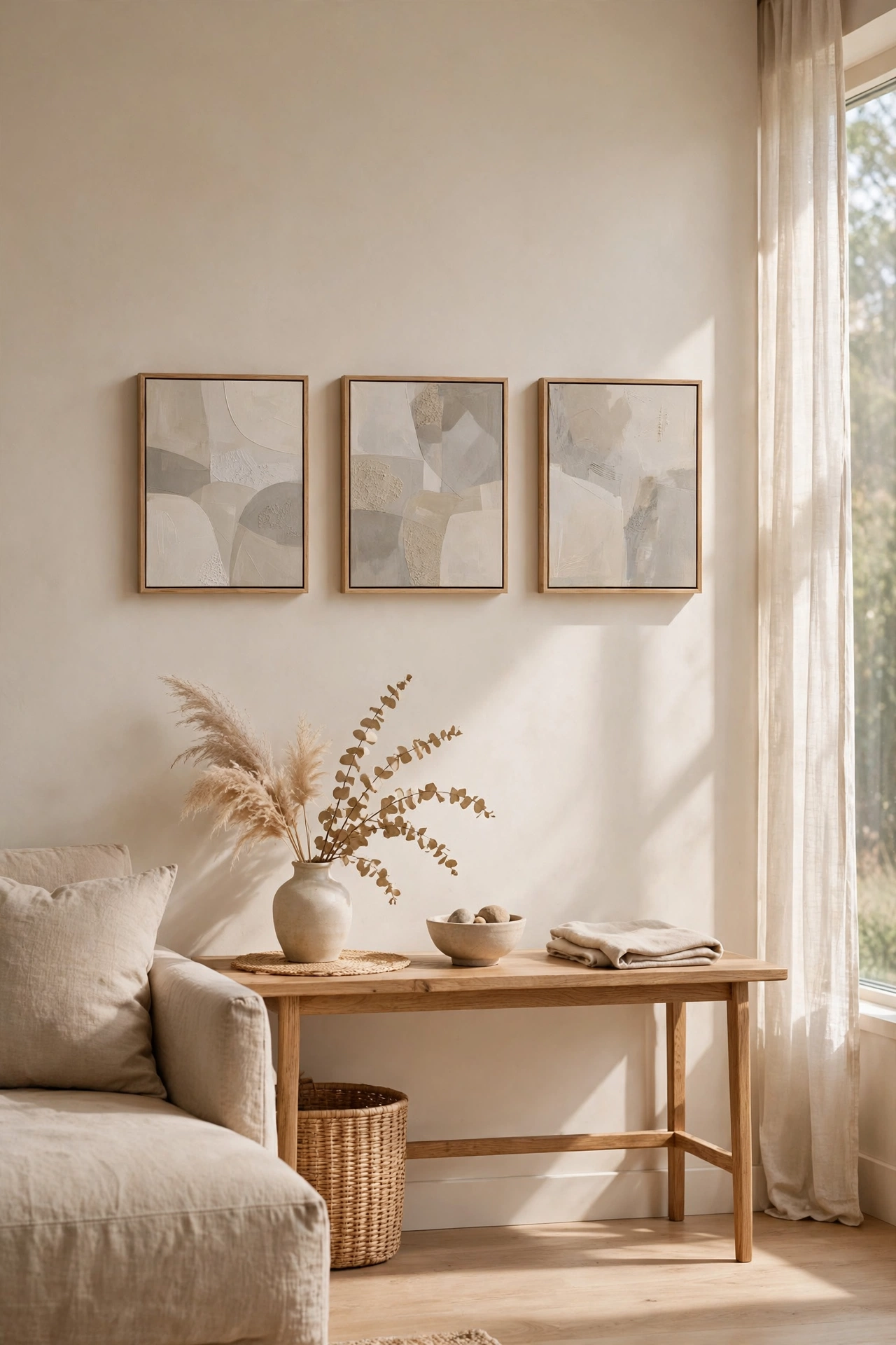 Trio of small DIY abstract canvases in neutral tones hung above a console table