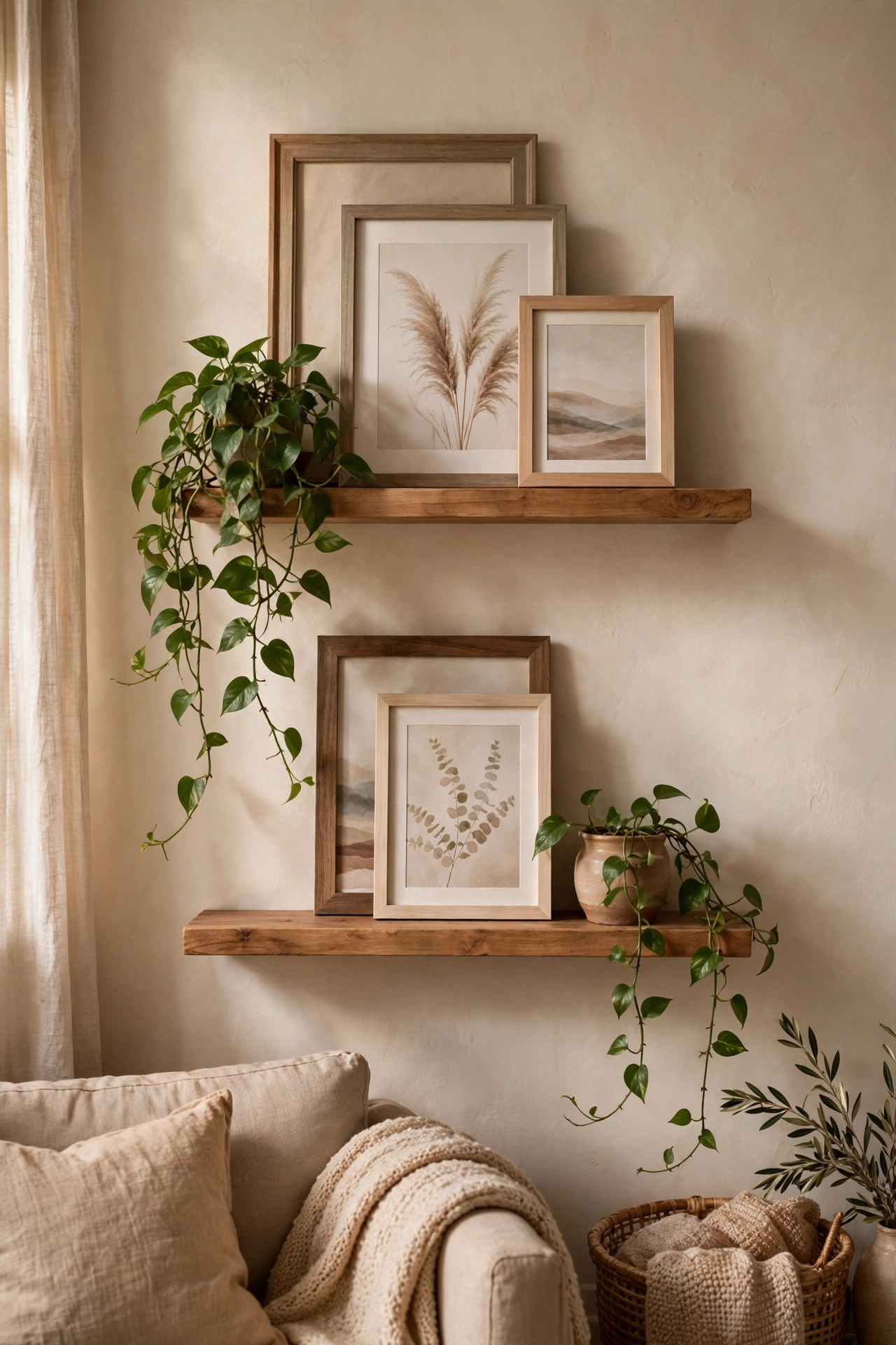 Picture ledge shelves with layered leaning frames and a small plant in a living room