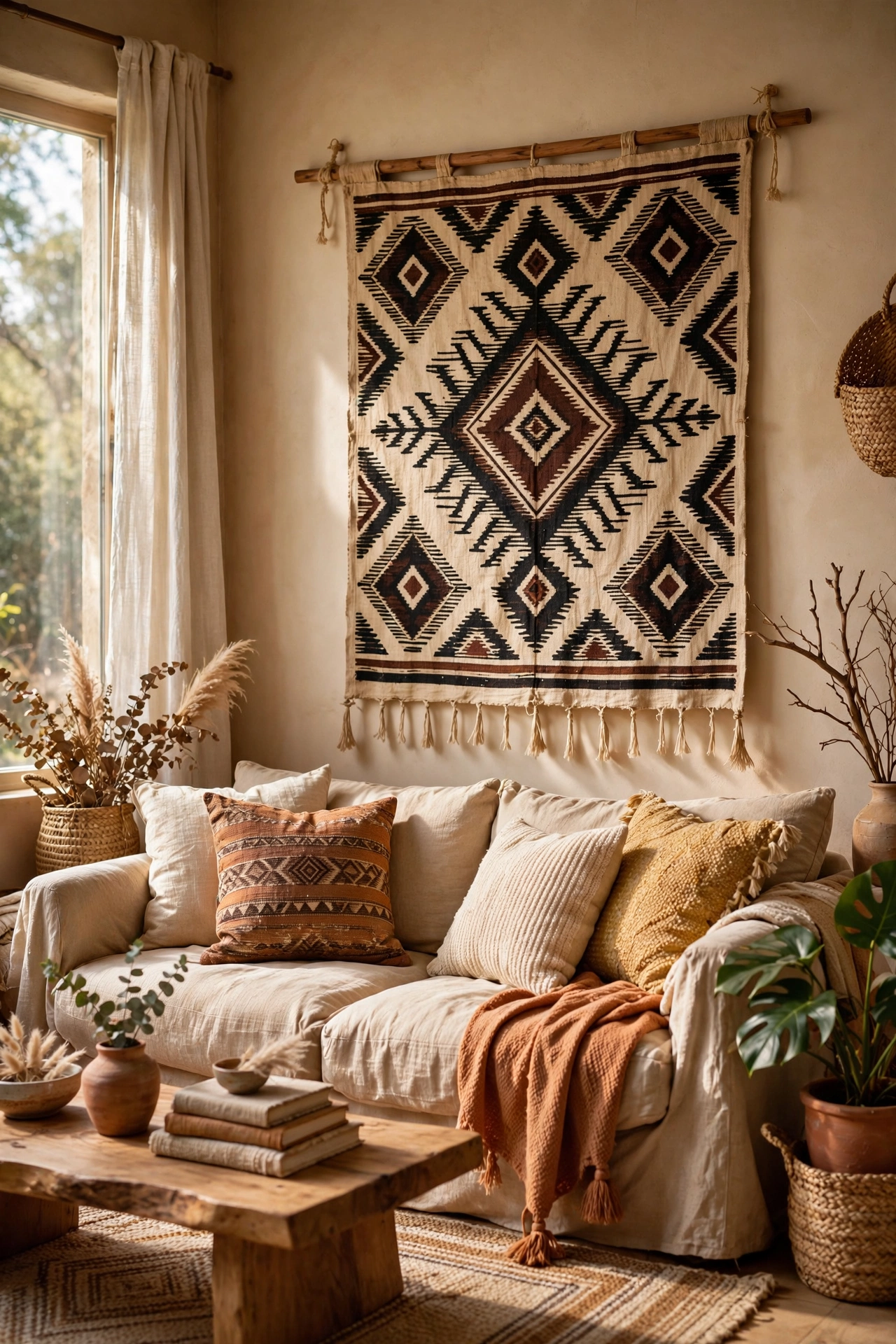 Fabric wall hanging on a wooden dowel adding texture to a budget living room