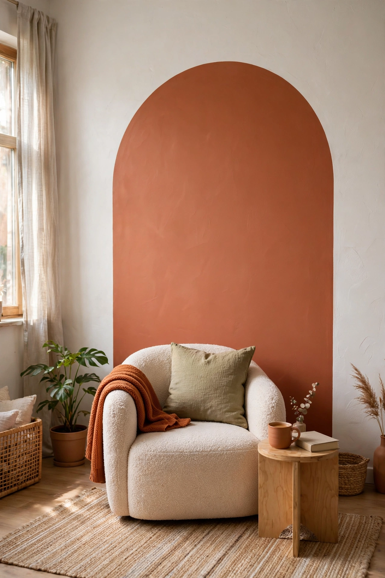 Terracotta painted arch accent on a living room wall behind a reading chair