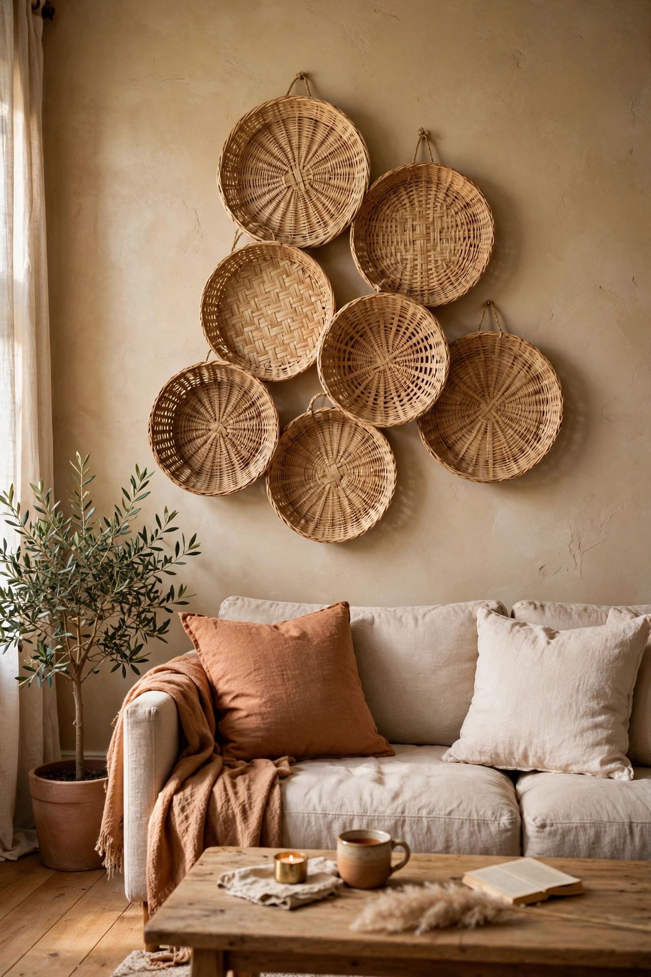 Cluster of flat woven baskets hung as textured wall art above a living room sofa