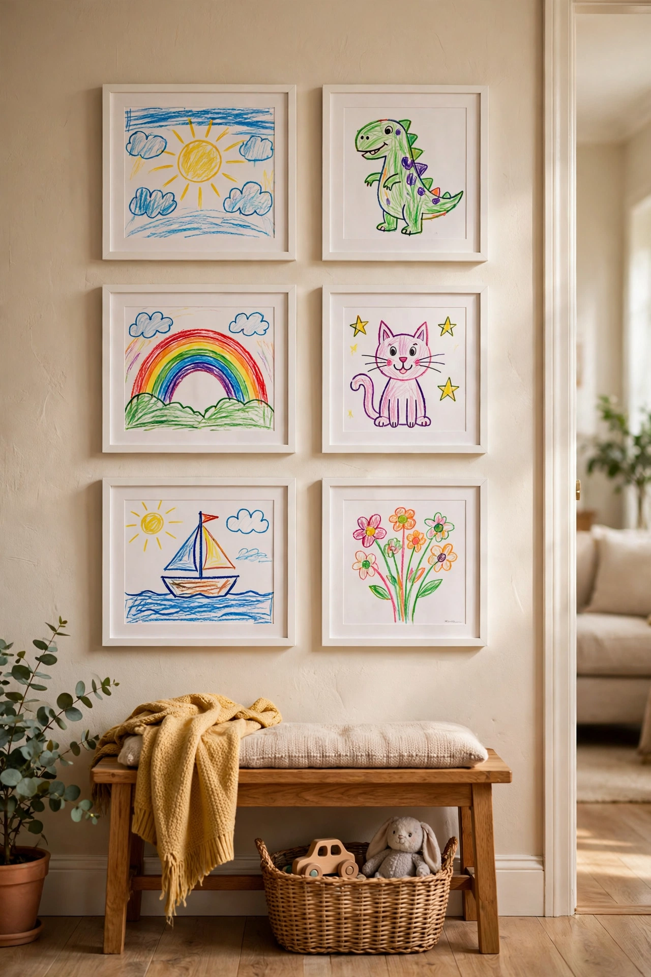 Gallery wall of kids artwork in matching white dollar store frames in a hallway