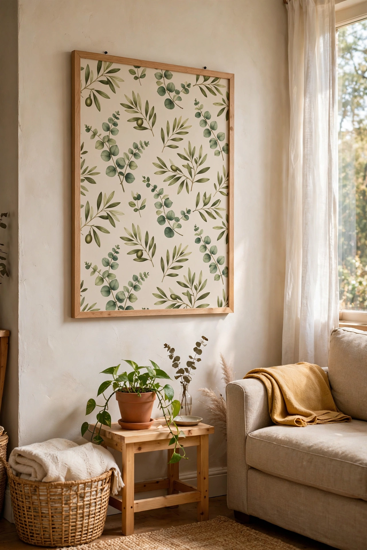 Framed panel of botanical peel-and-stick wallpaper as affordable wall art