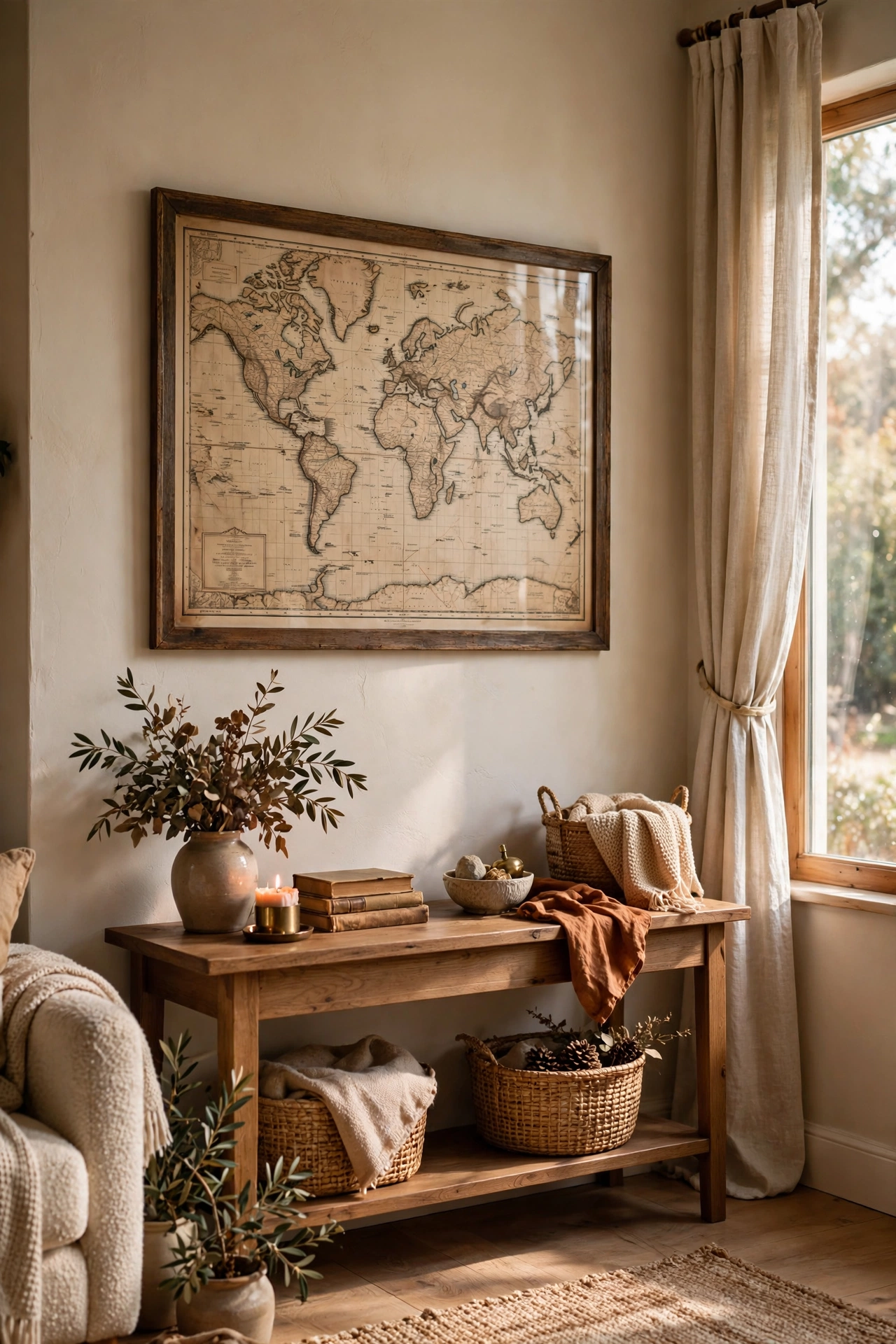 Large framed vintage map of the state as personal wall art in a living room