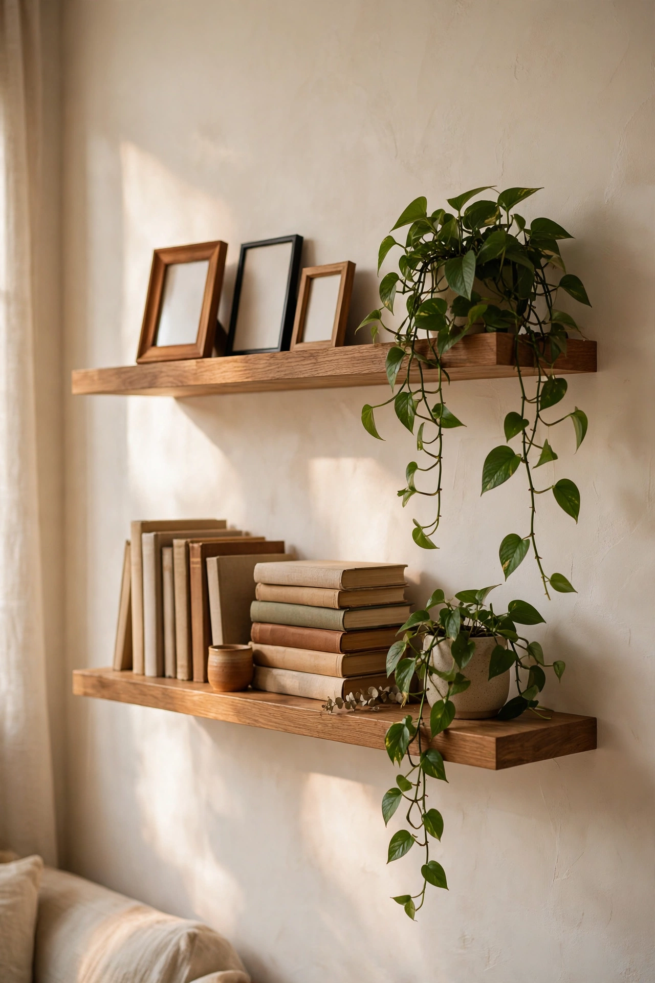 Two floating shelves styled with frames plant and books on a living room wall