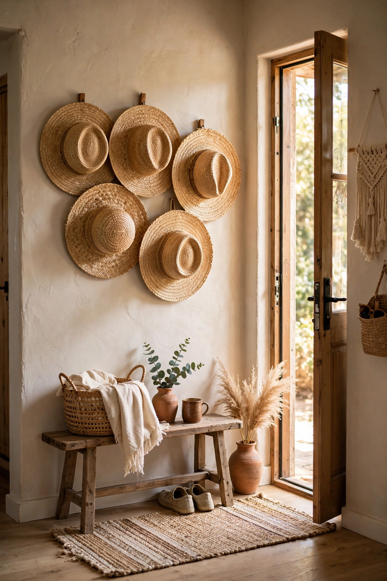 Collection of straw hats hung as boho wall decor near a living room entryway