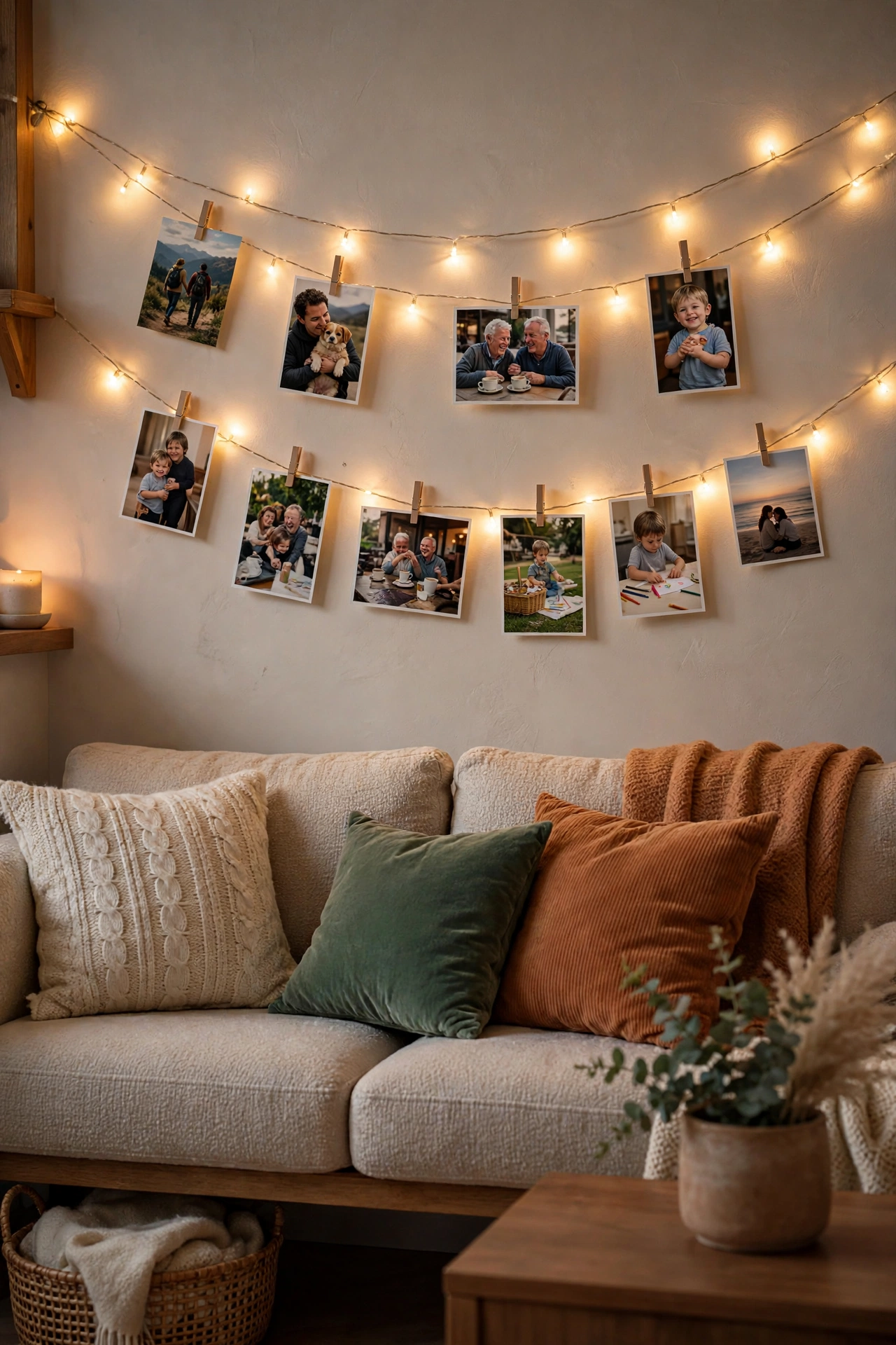 Family photos clipped to warm fairy lights strung across a living room wall