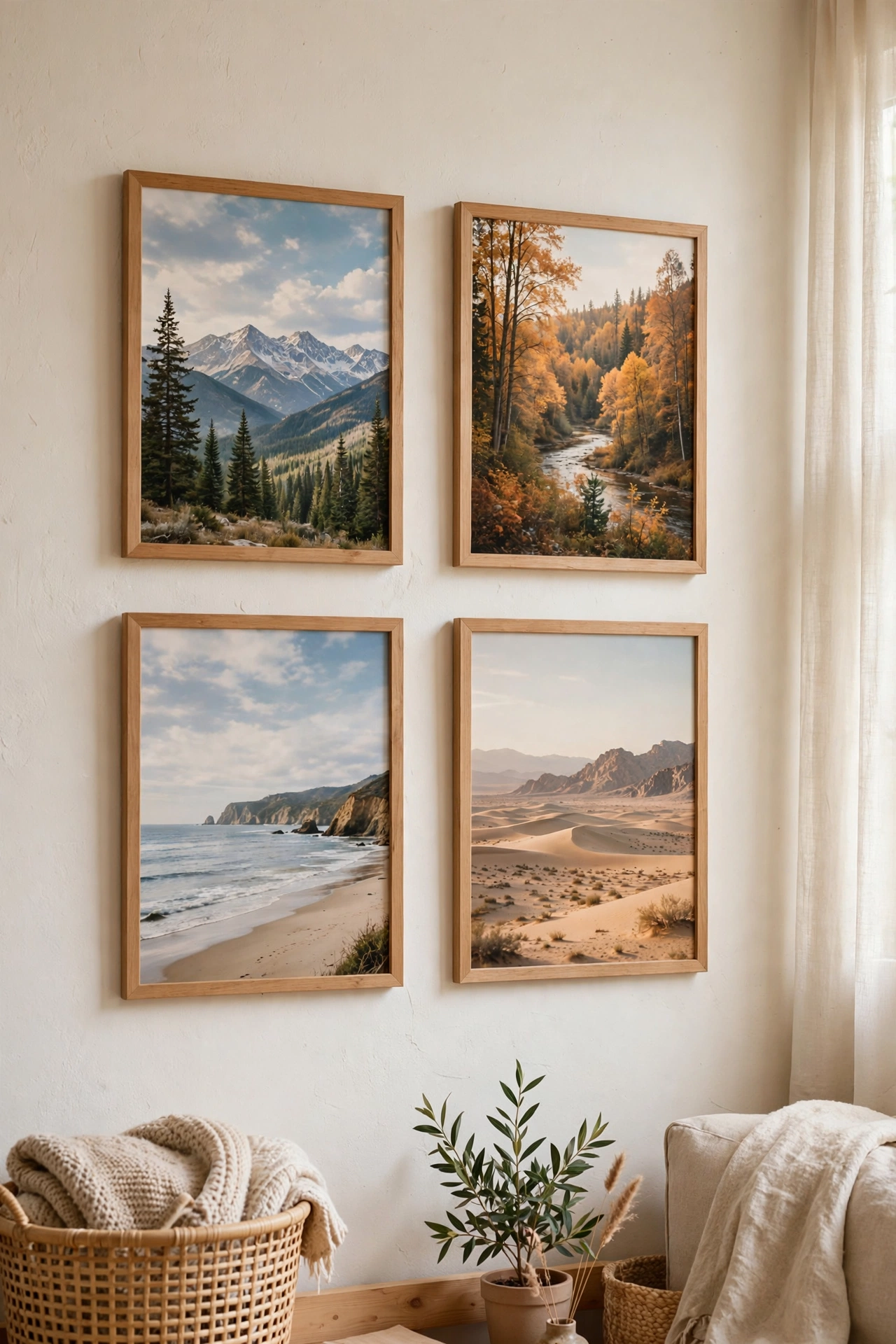 Framed landscape prints from a clearance wall calendar as seasonal living room art