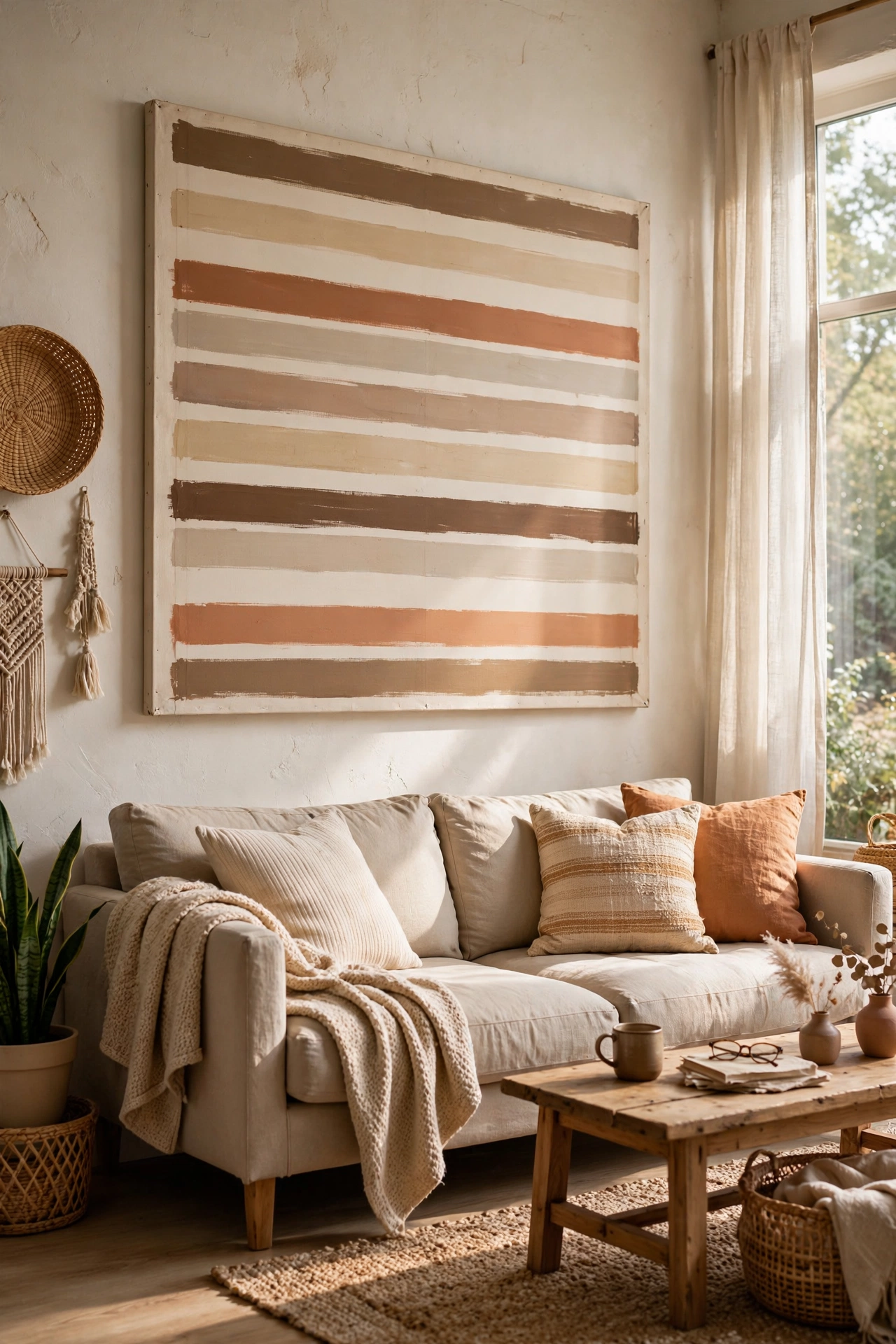 Large DIY striped canvas art made from a painted drop cloth over a living room sofa