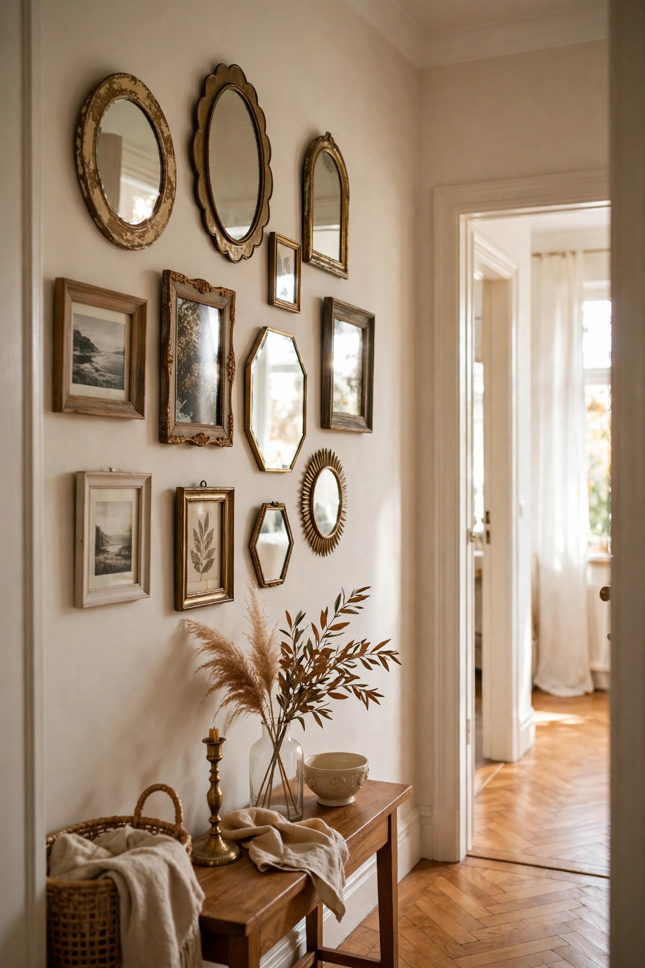 Gallery wall mixing small thrifted mirrors with framed family photos