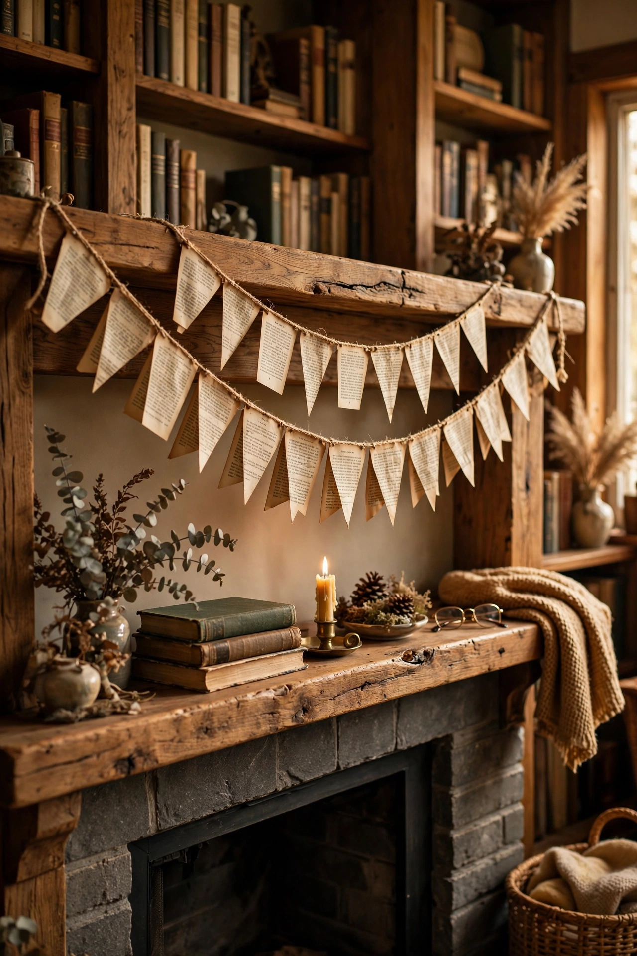 Book page bunting garland strung with twine across a cozy living room mantel