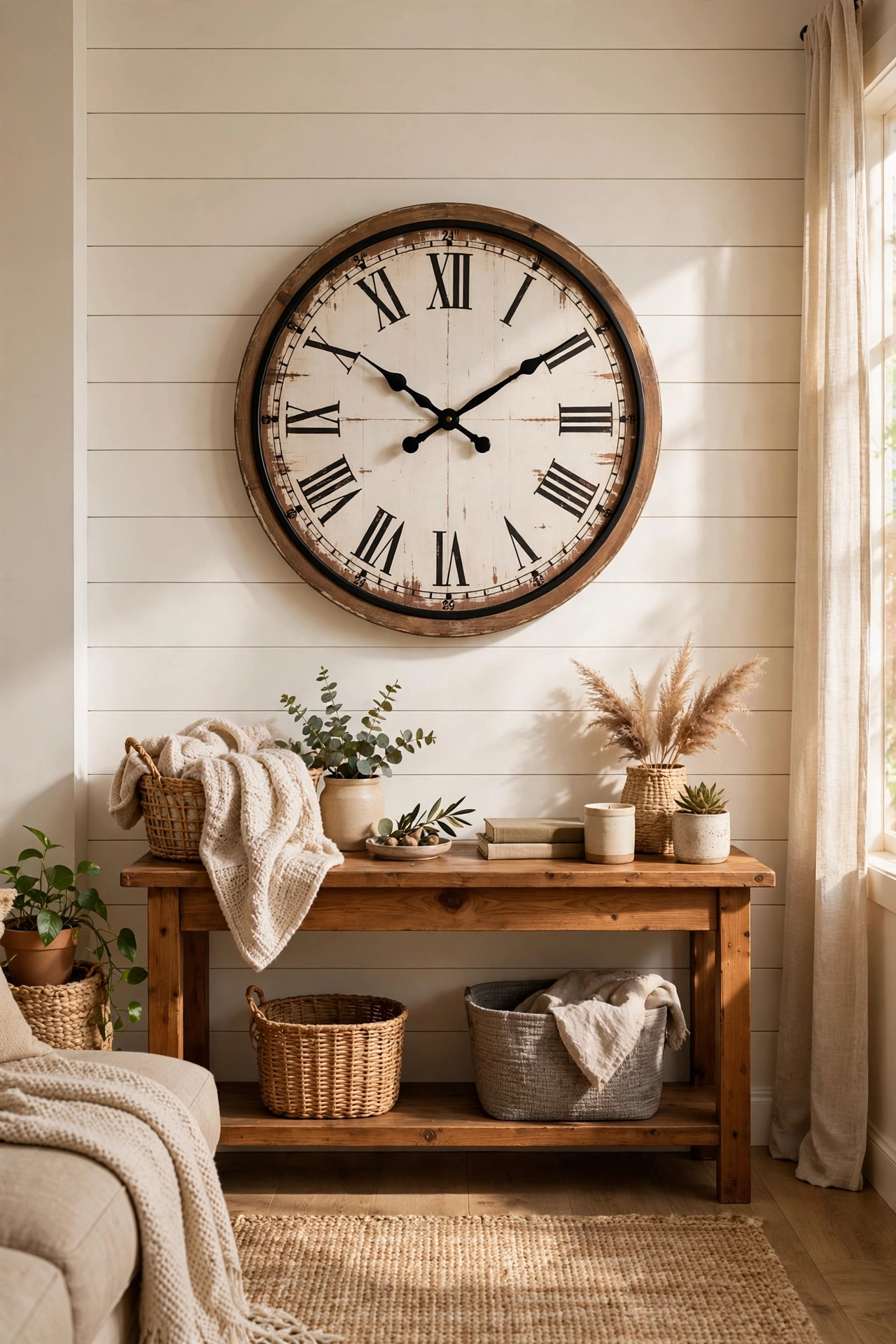 Oversized farmhouse wall clock as functional art on a large blank living room wall