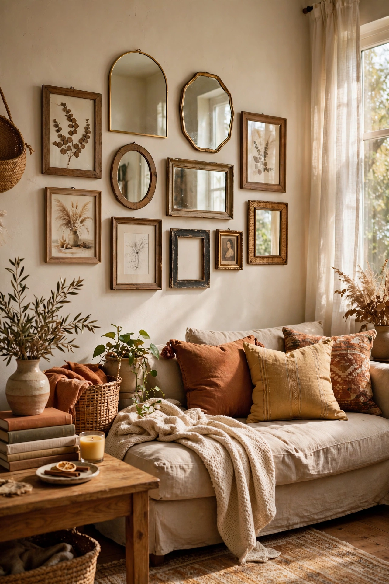 Collected gallery wall built entirely from frames and mirrors relocated from other rooms