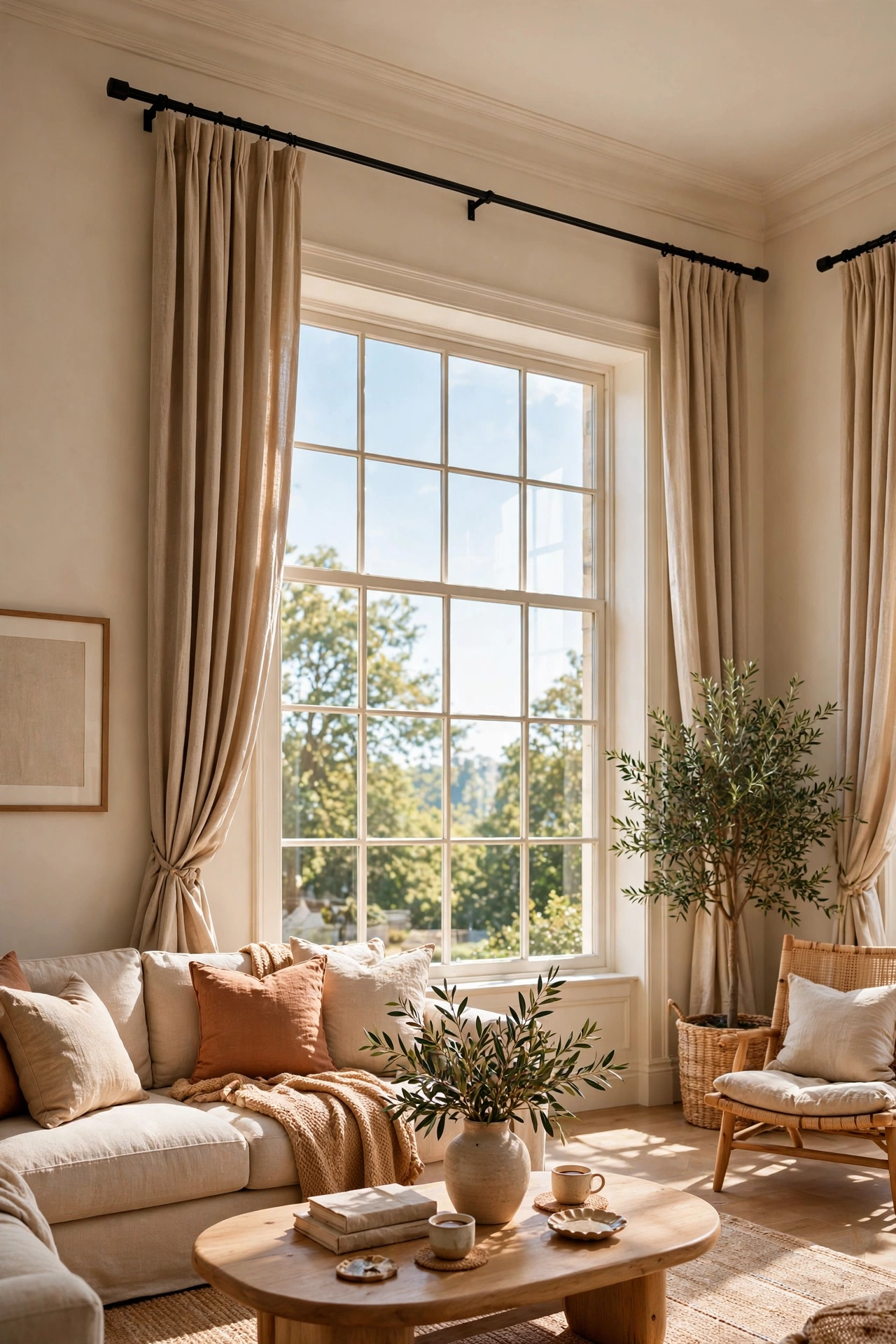 Curtains hung high and wide making living room windows look grand, budget curtain idea