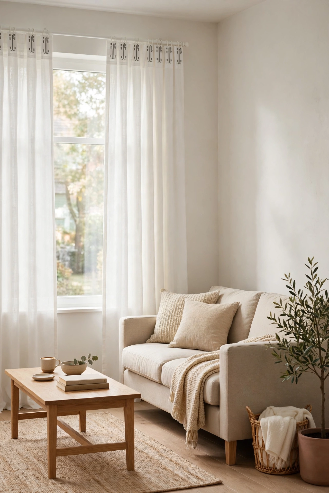 IKEA RITVA white curtains hemmed to floor in living room, affordable window treatment