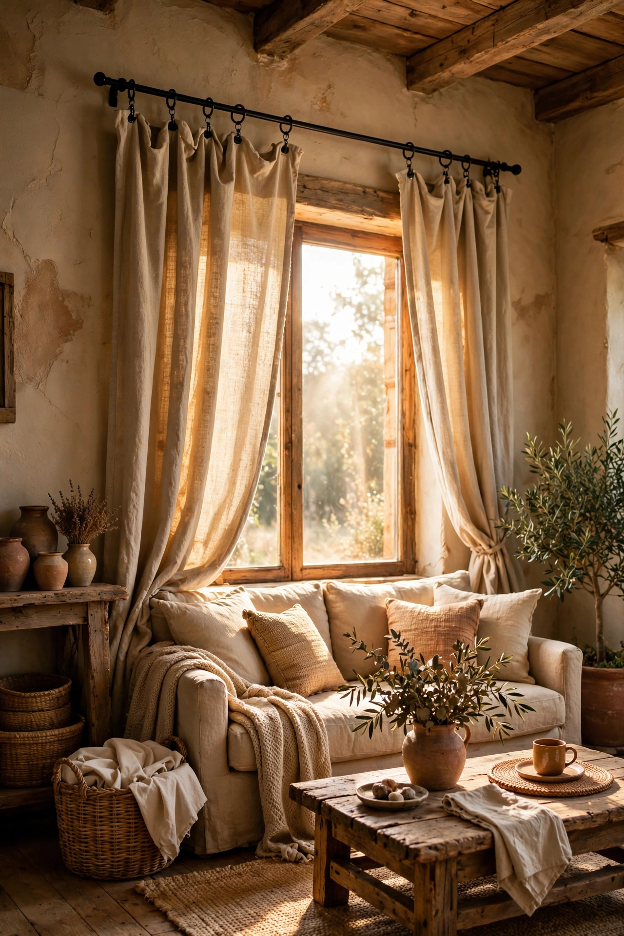 Canvas drop cloth curtains with natural texture in living room, DIY budget curtains