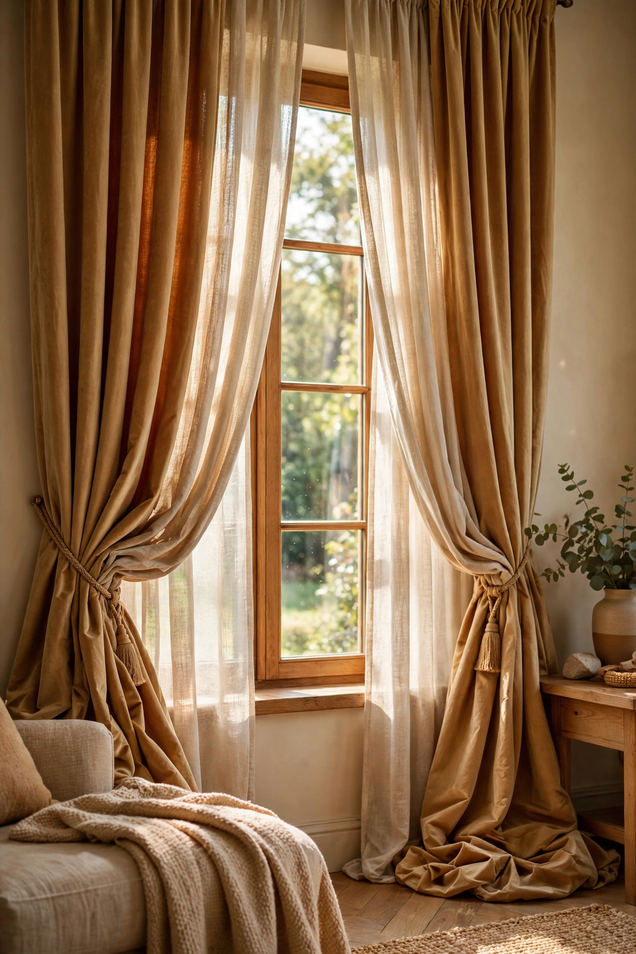 Doubled curtain panels gathered full on living room window, budget luxury look
