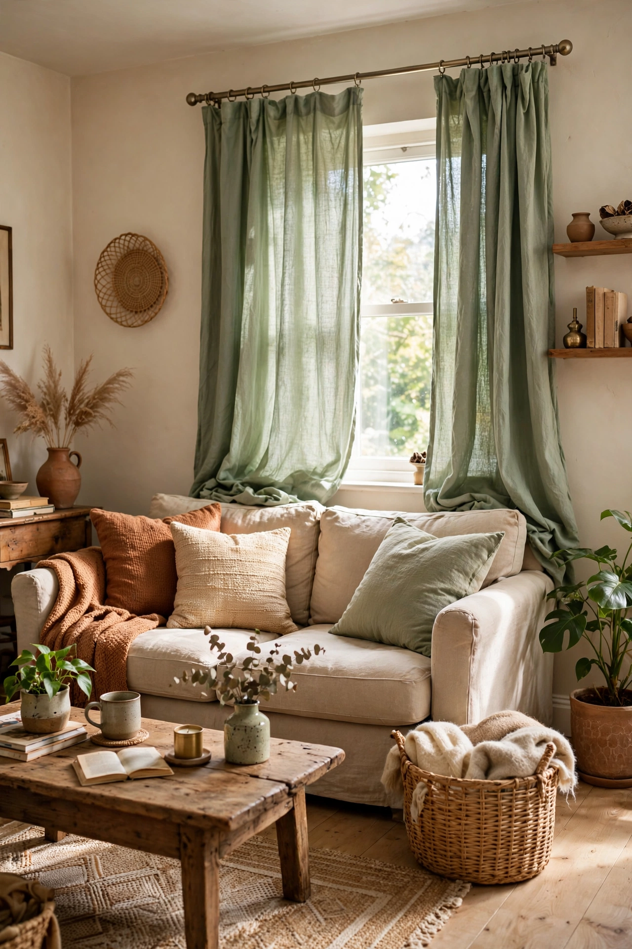 Thrifted curtains dyed soft sage green in living room, budget curtain makeover