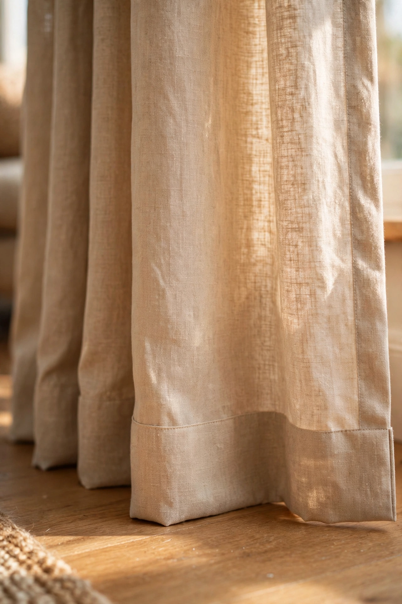 Curtains hemmed with iron on tape to perfect length, no sew budget curtain fix