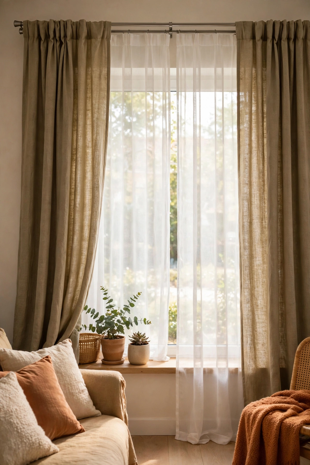 Sheer and blackout curtains layered on double rod in living room, budget window treatment