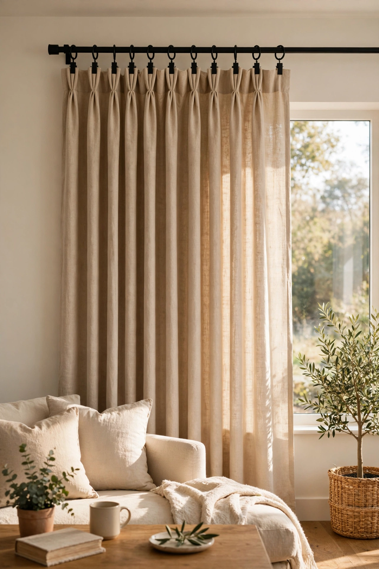 Curtains on matte black rings with clips showing tailored pleats, budget curtain upgrade
