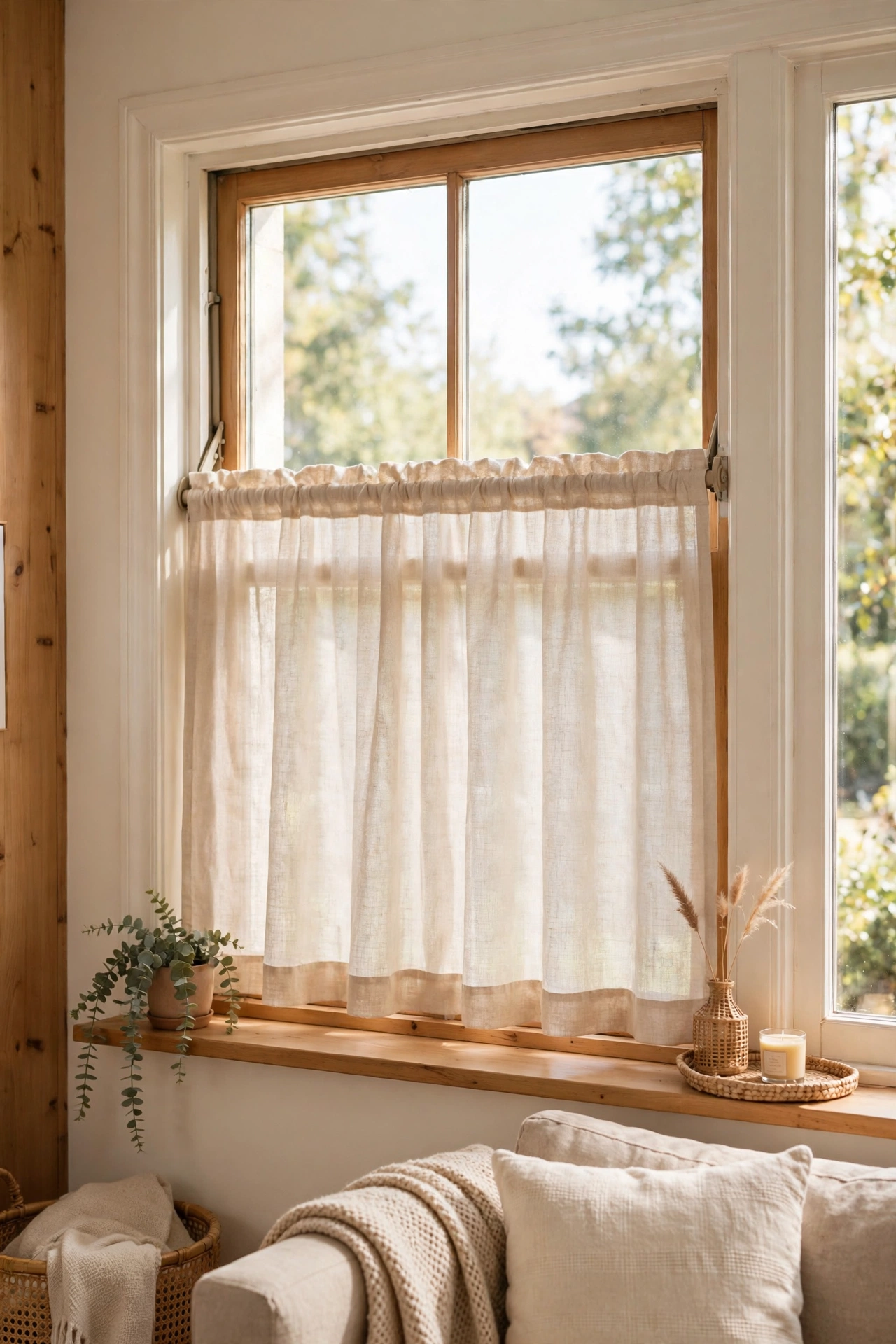 Tension rod with cafe curtain inside window frame no drilling, rental friendly curtain idea