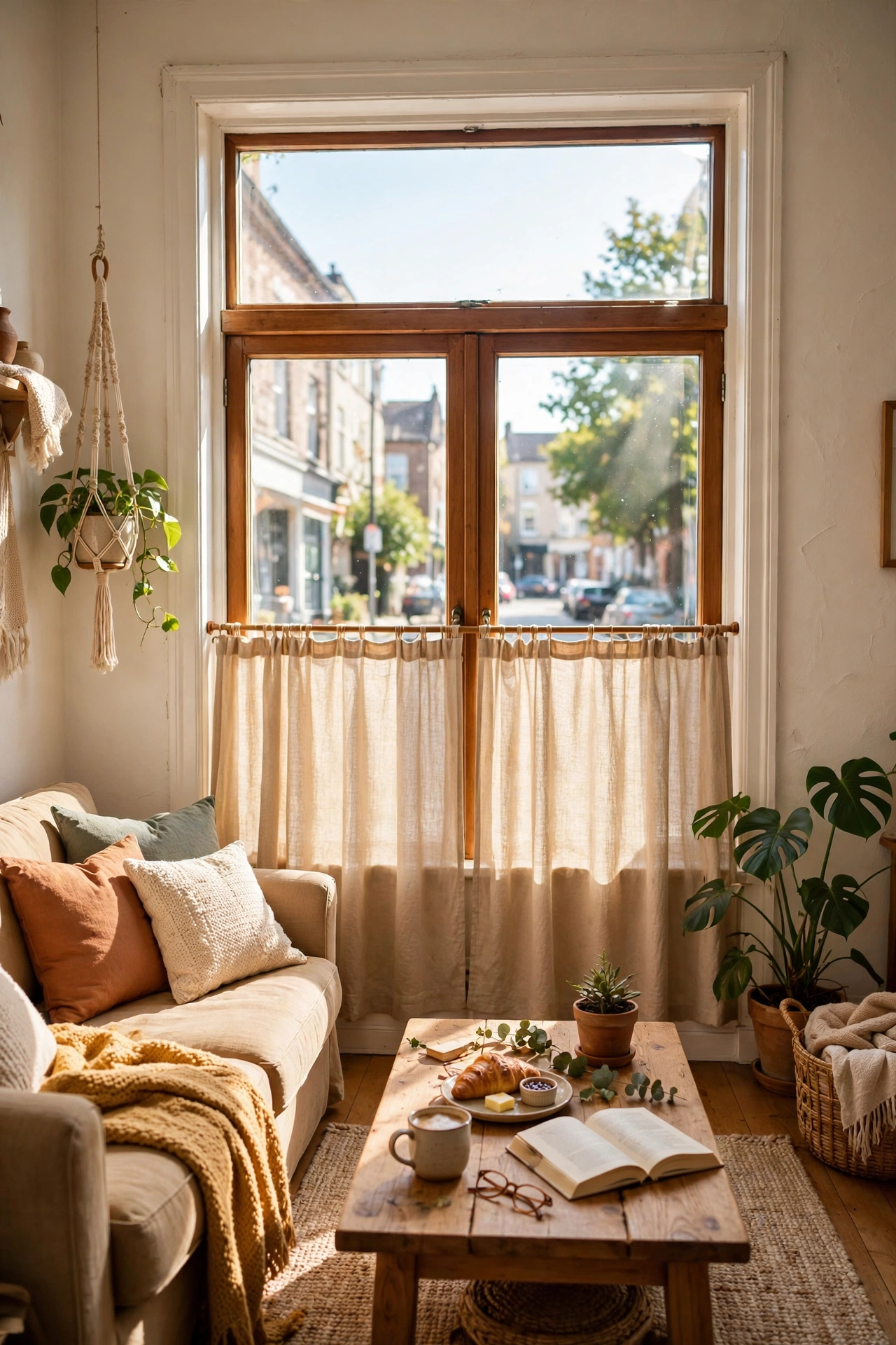 Cafe curtains on lower half of street facing window letting in daylight, budget curtains