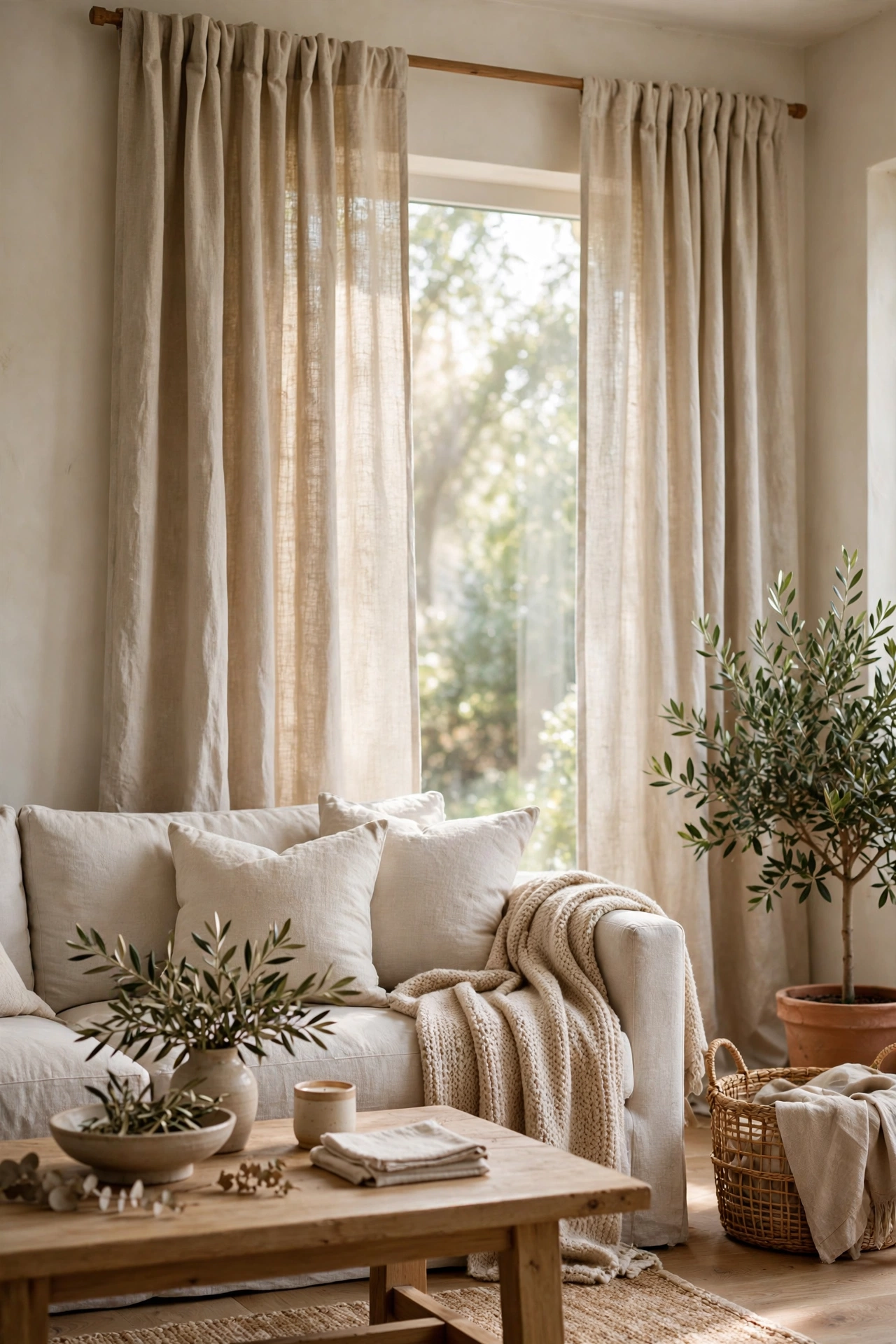 Target linen look curtain panels in natural color in living room, affordable curtains