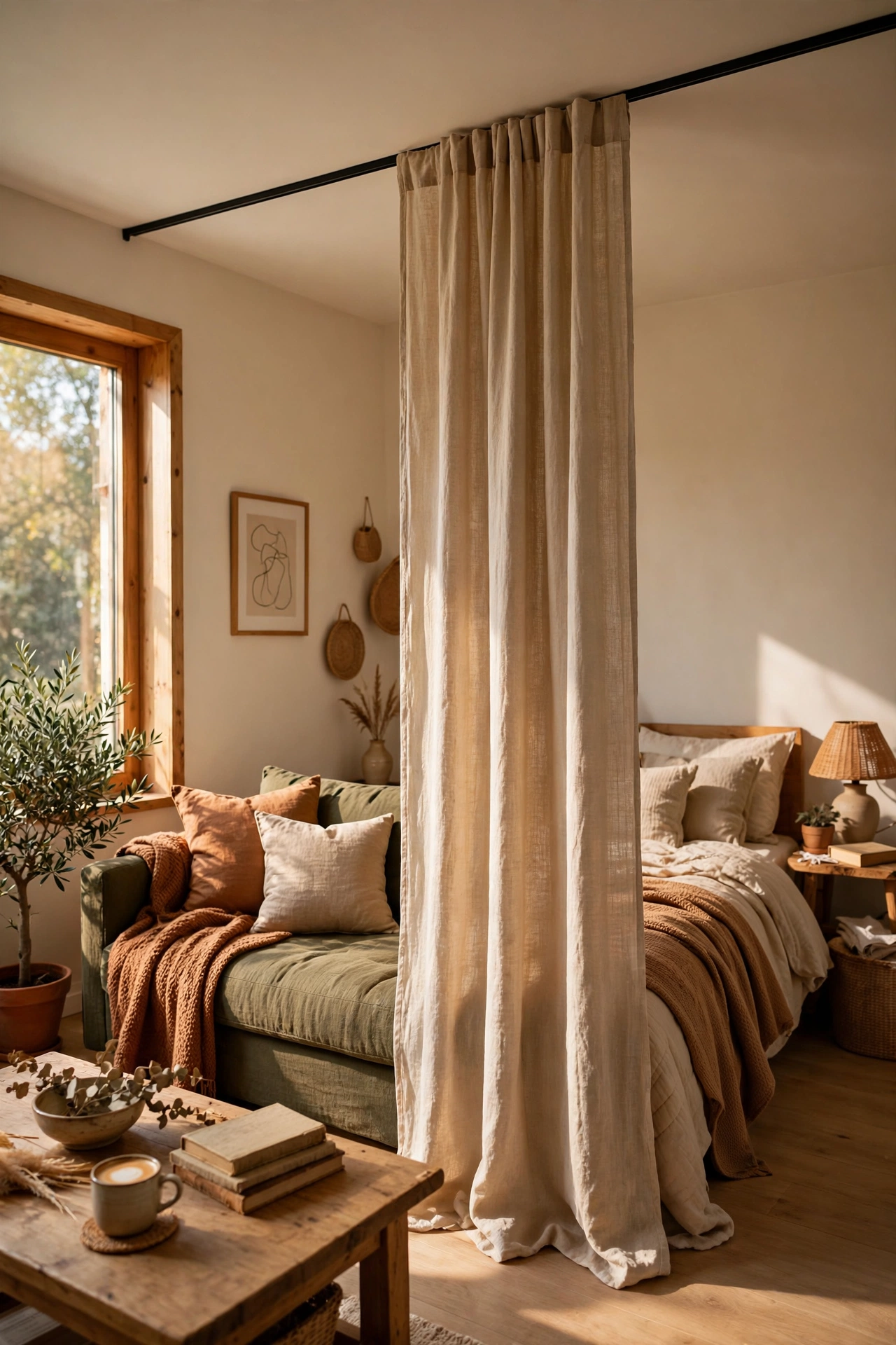 Ceiling mounted curtain dividing studio living space, budget room divider idea