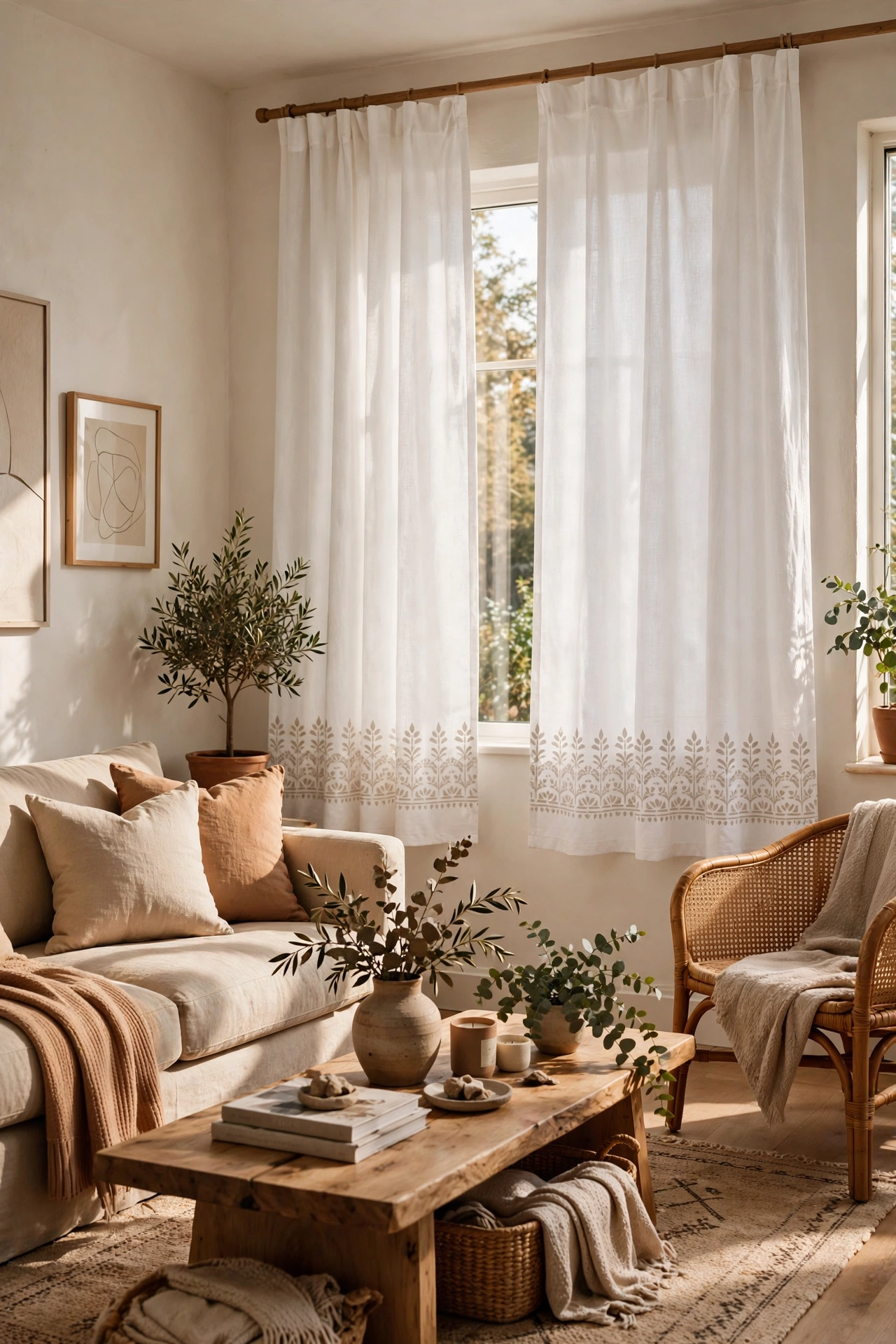 White curtains with stenciled border pattern along bottom, DIY custom curtains