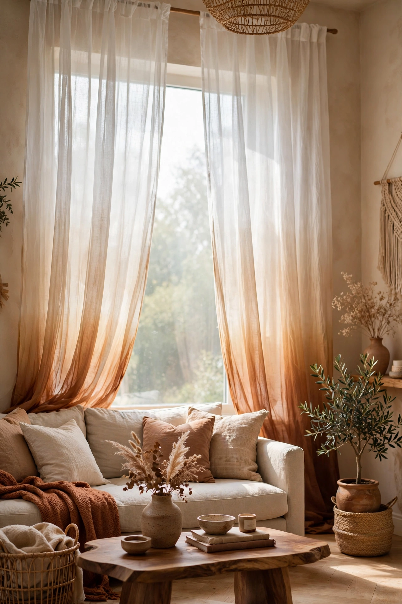 Dip dyed ombre sheer curtains with gradient in living room, DIY budget curtains