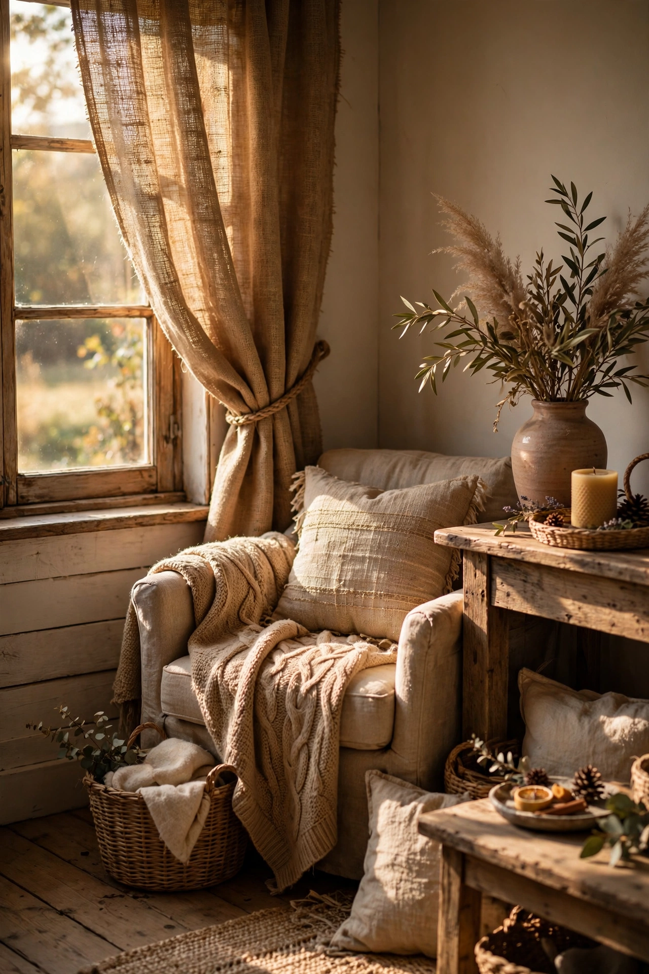 Burlap look curtains adding rustic texture in farmhouse living room corner