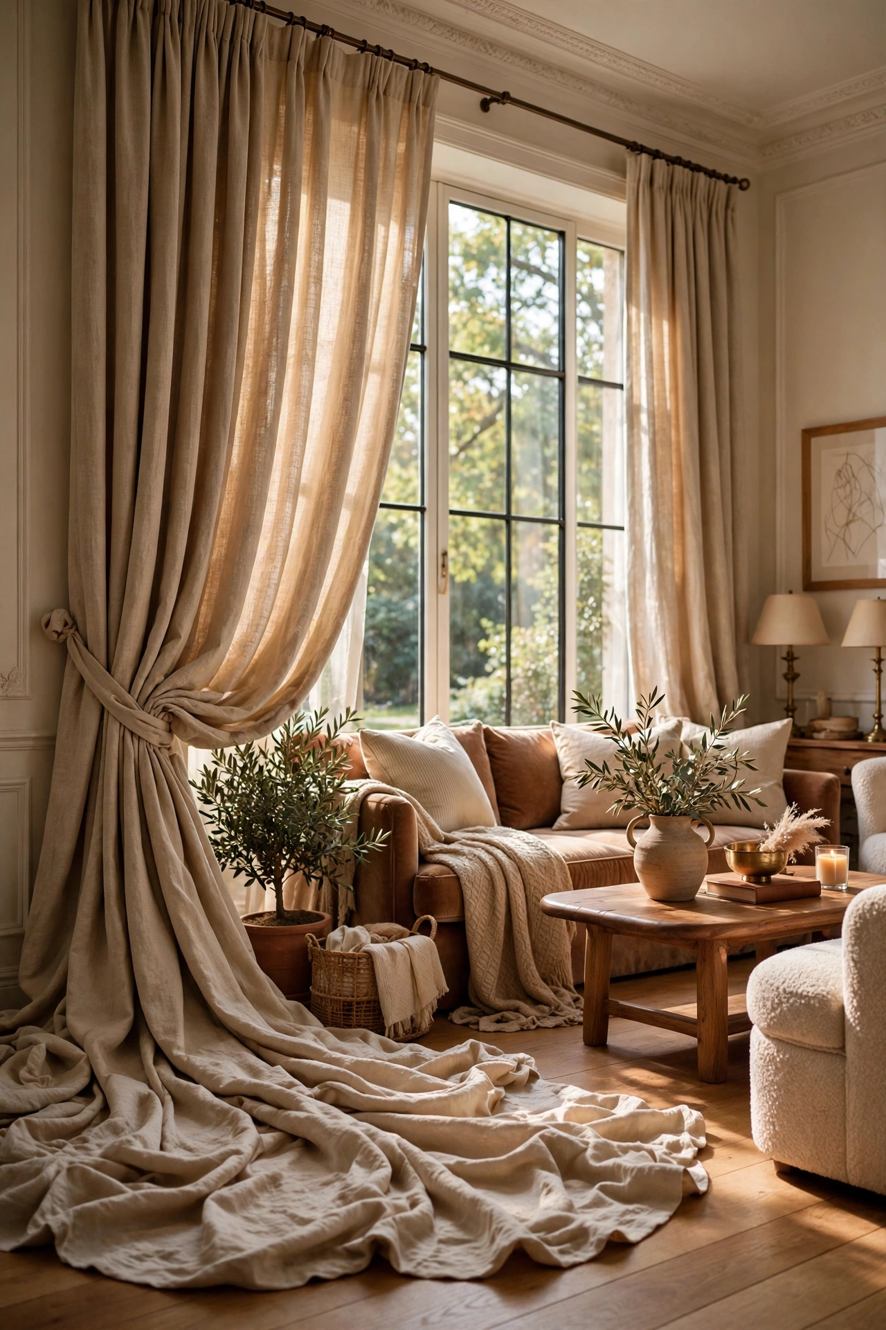 Extra long curtains puddling luxuriously on living room floor, budget styling