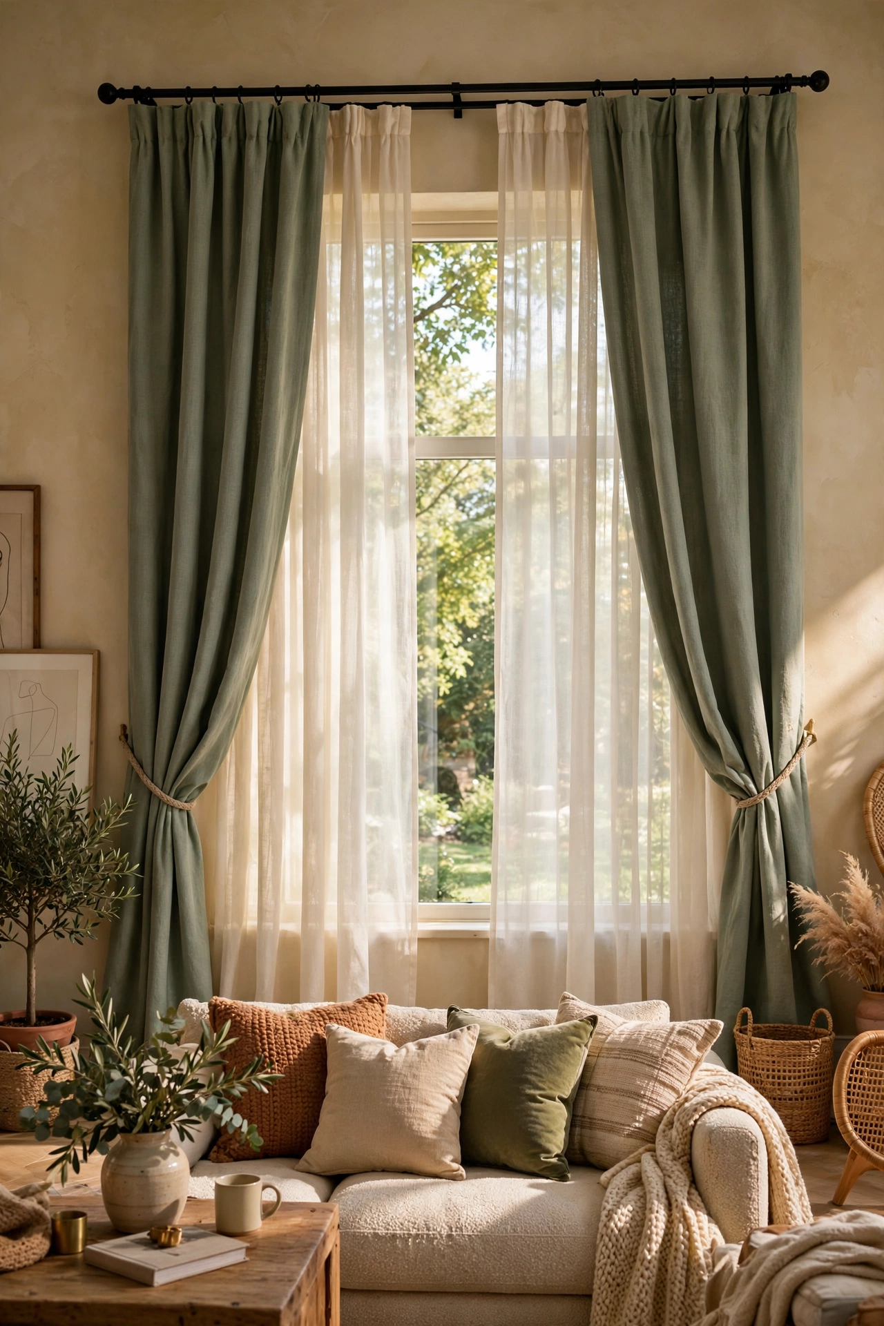Double curtain rod with ivory sheers behind sage drapes, layered living room windows