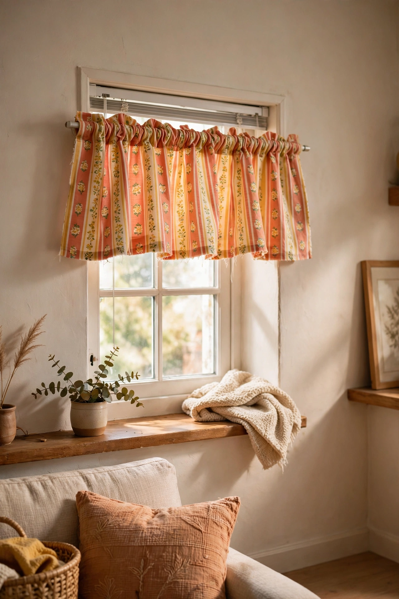 Striped fabric remnant valance softening top of small window, cheap curtain idea