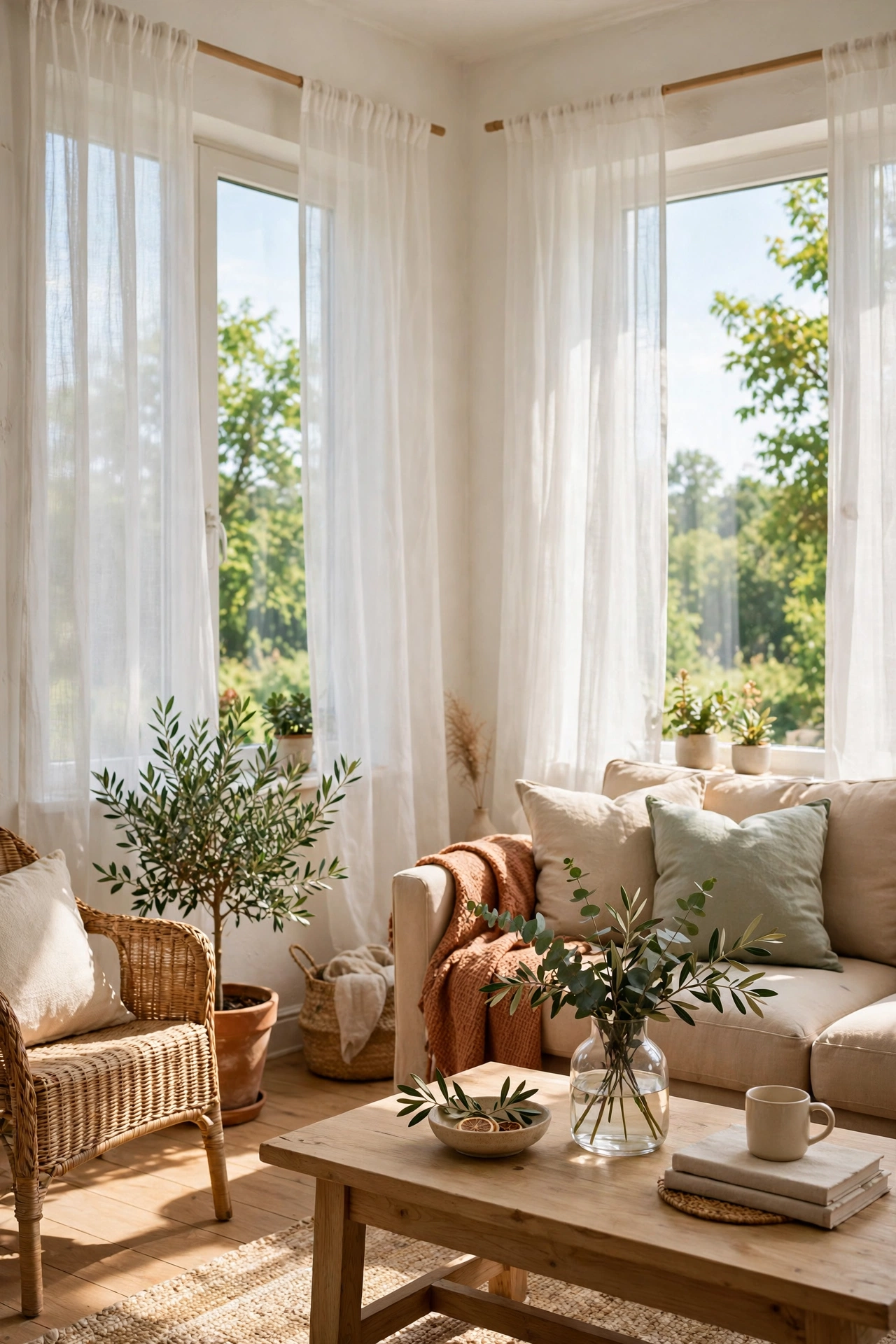 Light summer sheer curtains swapped in living room for seasonal refresh, budget idea