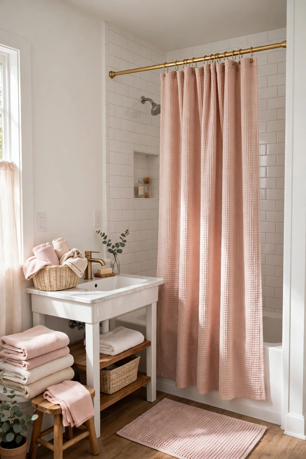 Blush waffle shower curtain with gold rings in a bright white bathroom
