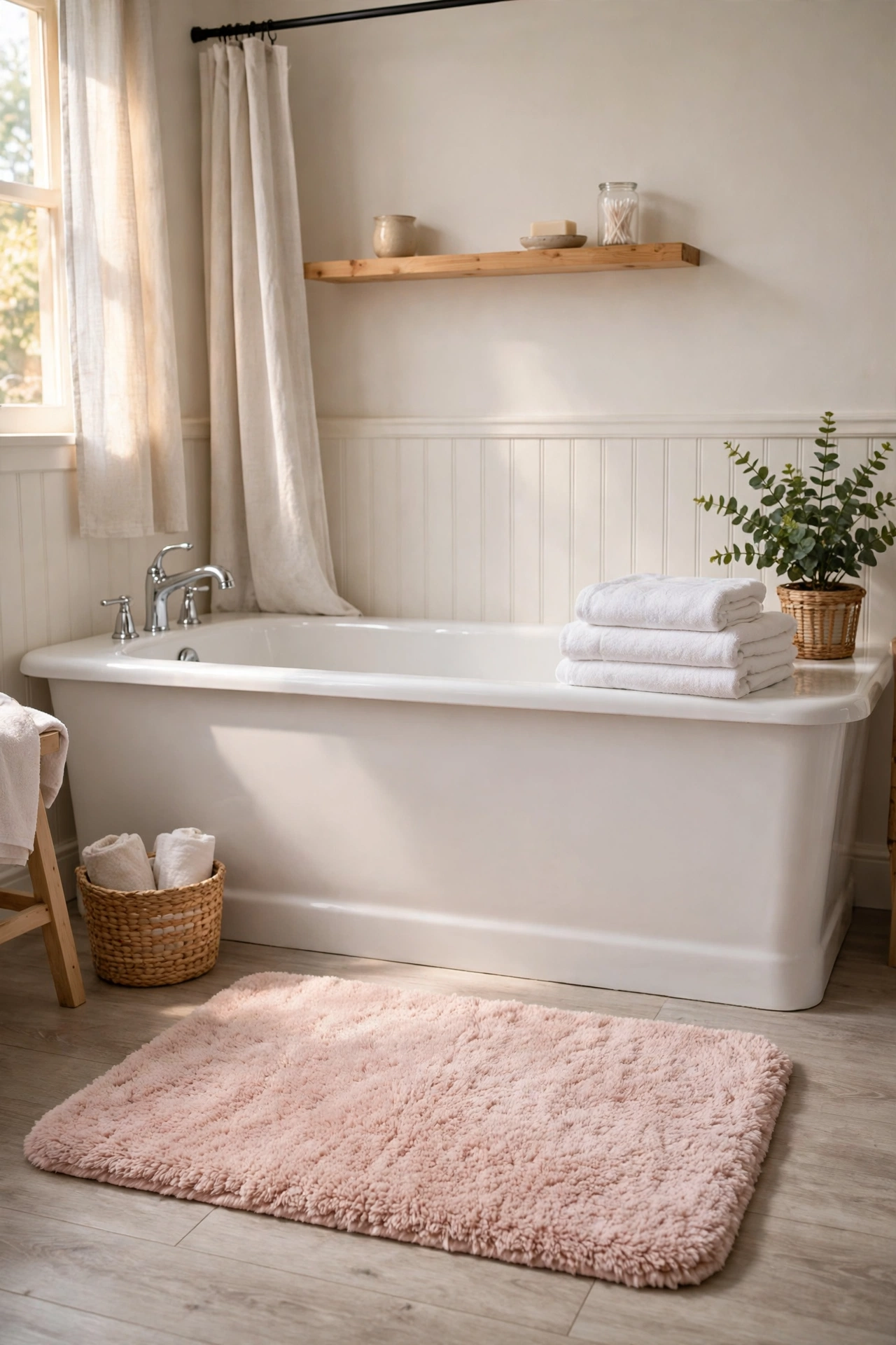 Plush blush bath mat in front of a white bathtub with white towels