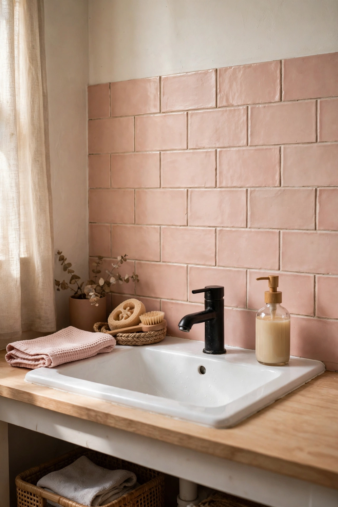 Blush peel-and-stick tiles on a bathroom backsplash behind a sink