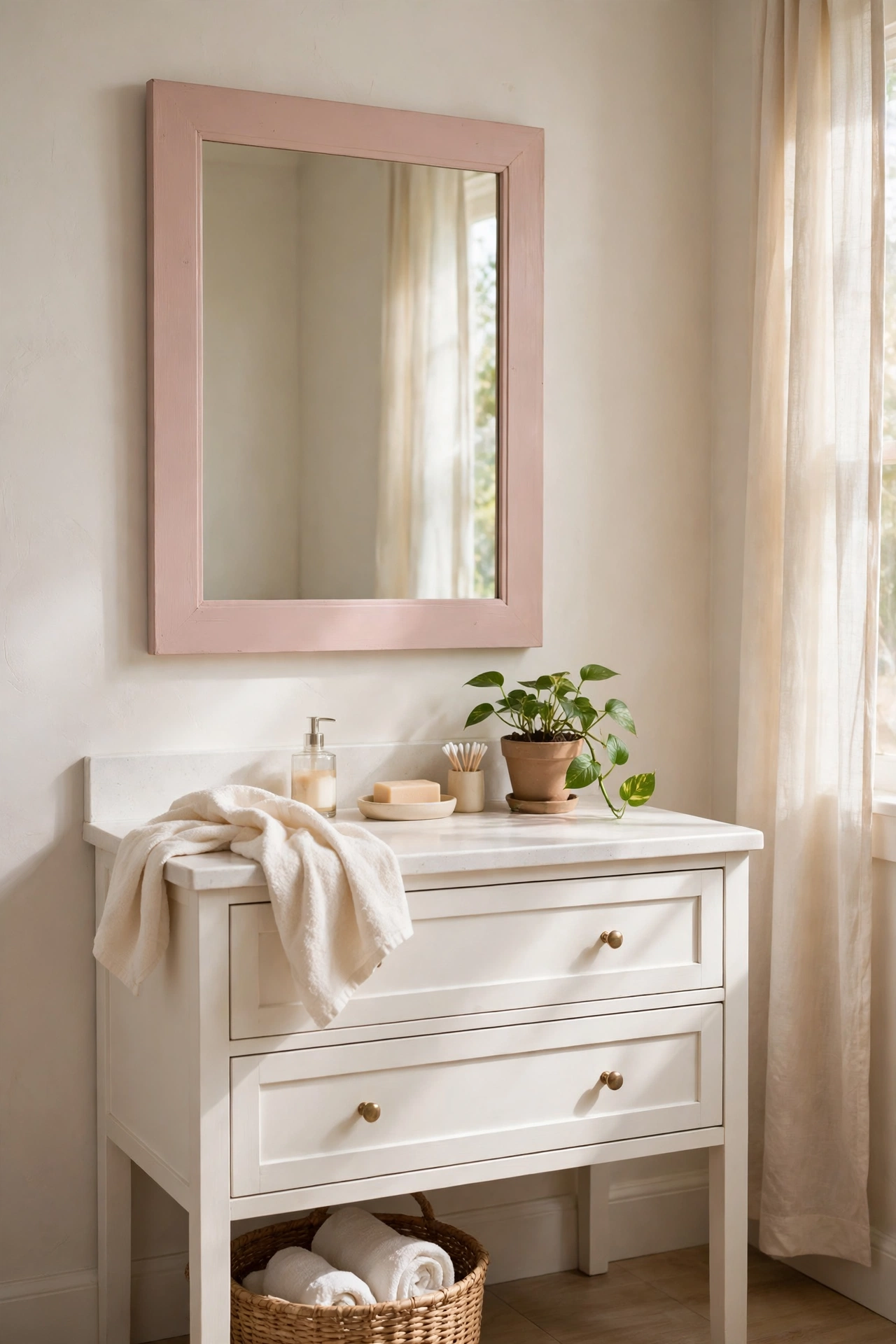 Bathroom mirror frame painted soft blush above a white vanity